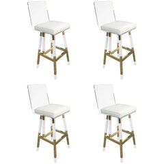 Charles Hollis Jones Barstools in Lucite and Polished Brass