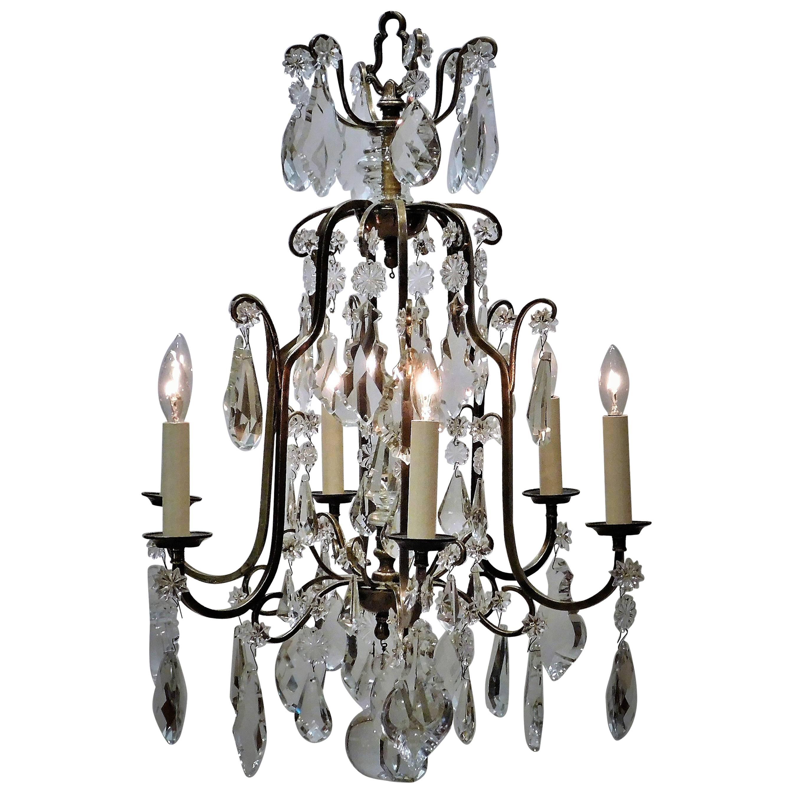 Louis XV Style Aged Brass and Crystal Six-Light Chandelier, France, circa 1930 For Sale