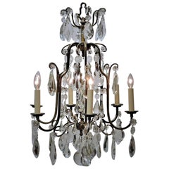 Louis XV Style Aged Brass and Crystal Six-Light Chandelier, France, circa 1930