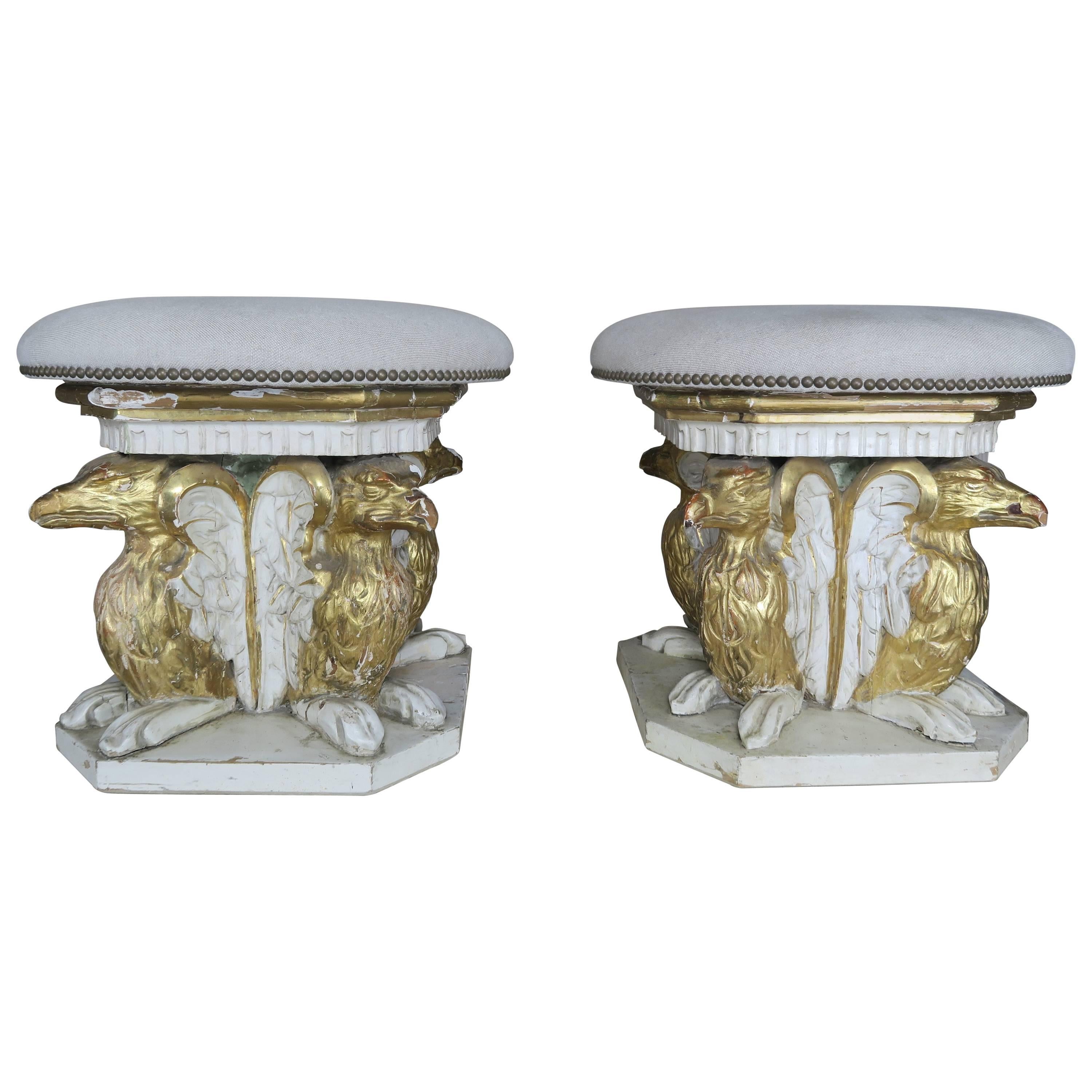 Italian Carved Griffin Painted and Parcel-Gilt Stools, Pair