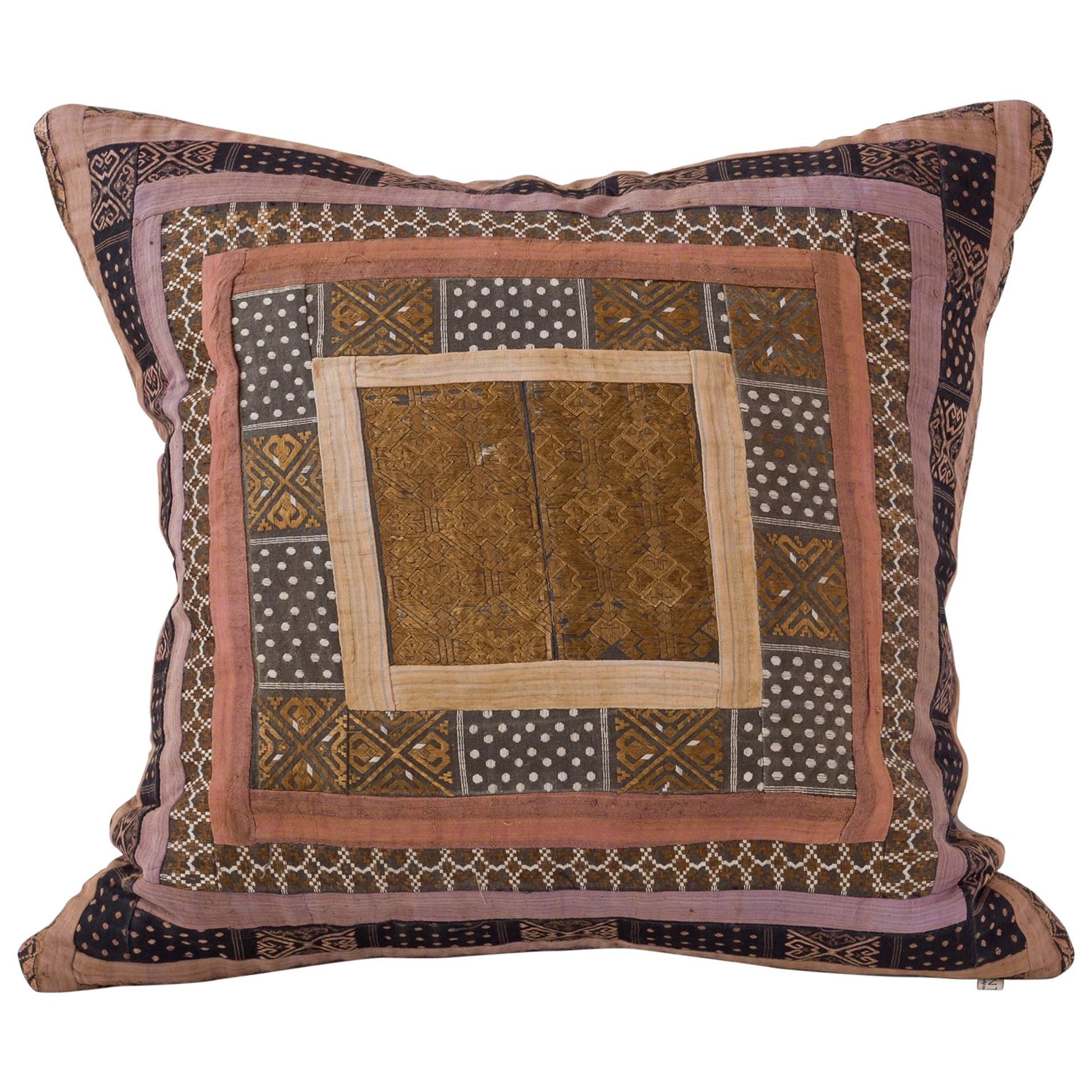 Concentric Square Embroidery Pillow, Bronze Gold Mauve Black For Sale