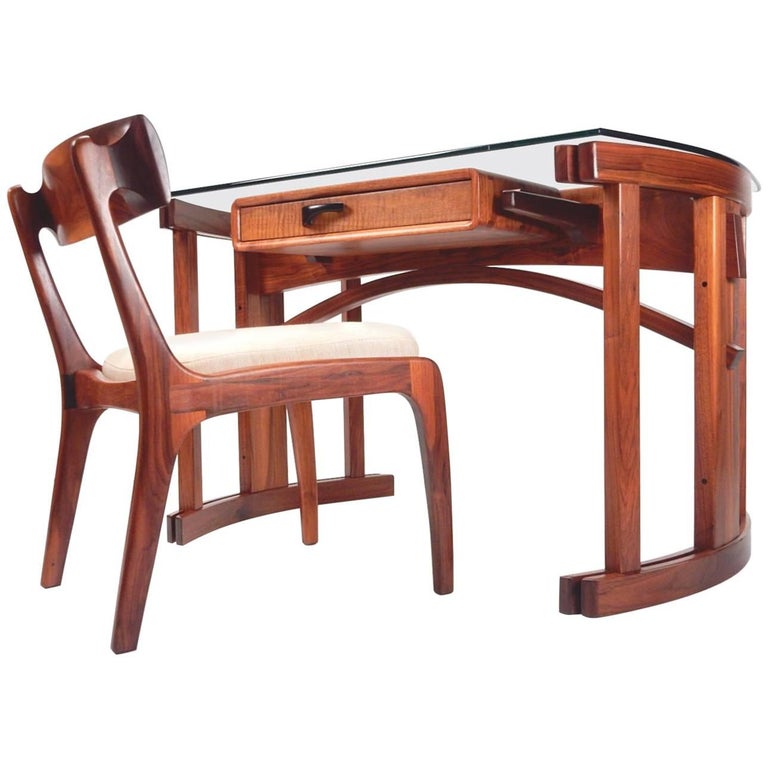 Mid Century Modern Sculpted Art Desk and Chair by Woodworker Randy