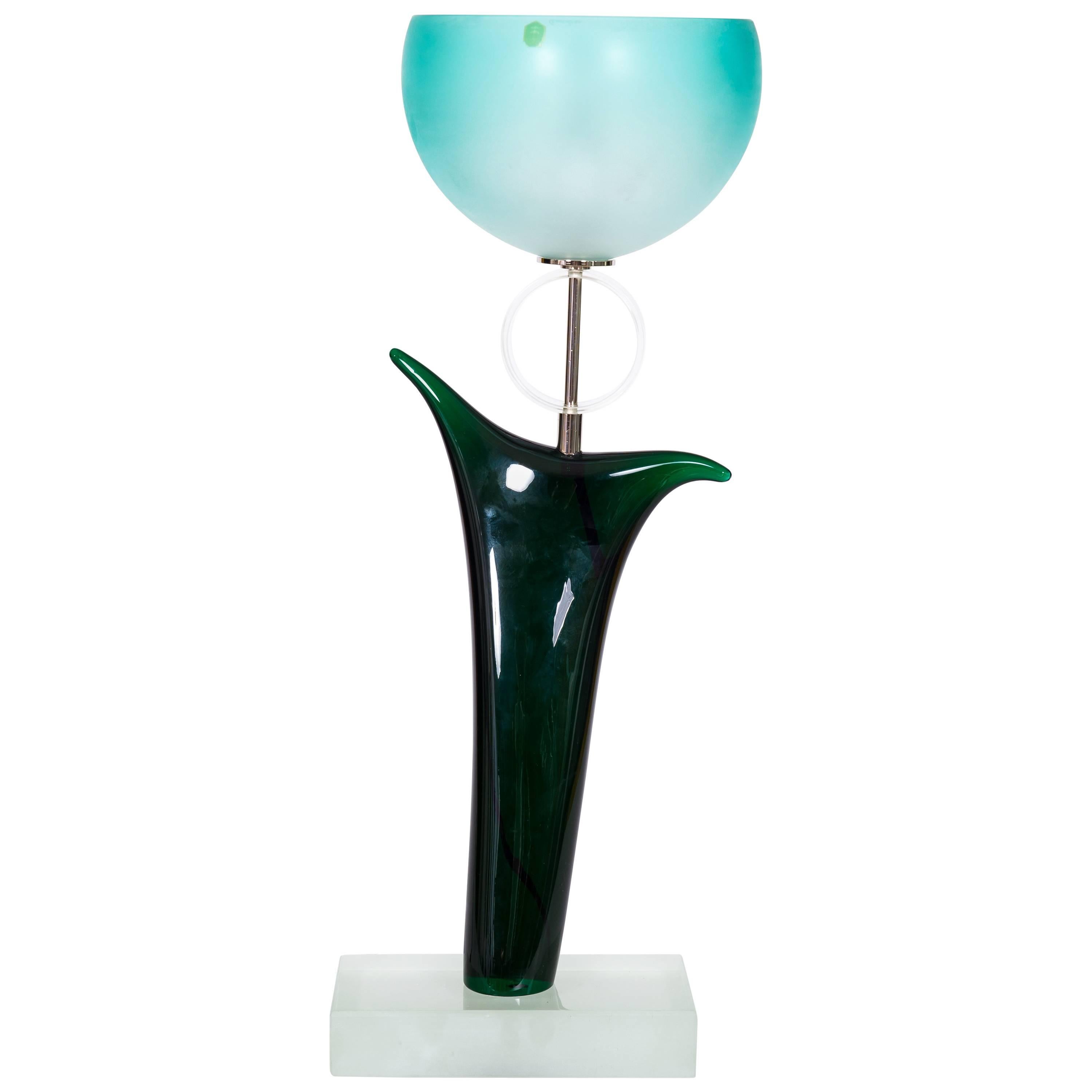 Table Lamp Blu & Green in blown Murano Glass Signed by Cenedese 1970s, Italy