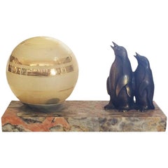 Art Deco French Mood Lamp of Penguins on Marble