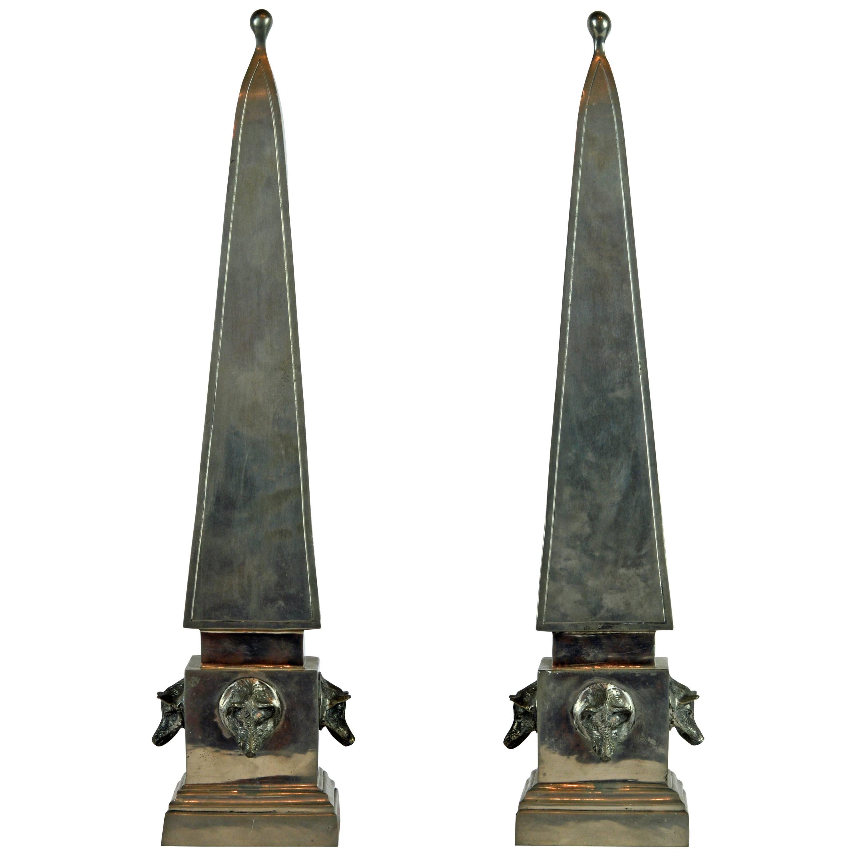 Pair of Large Mid Century Portuguese Pewter Obelisk Models with Boar's Heads