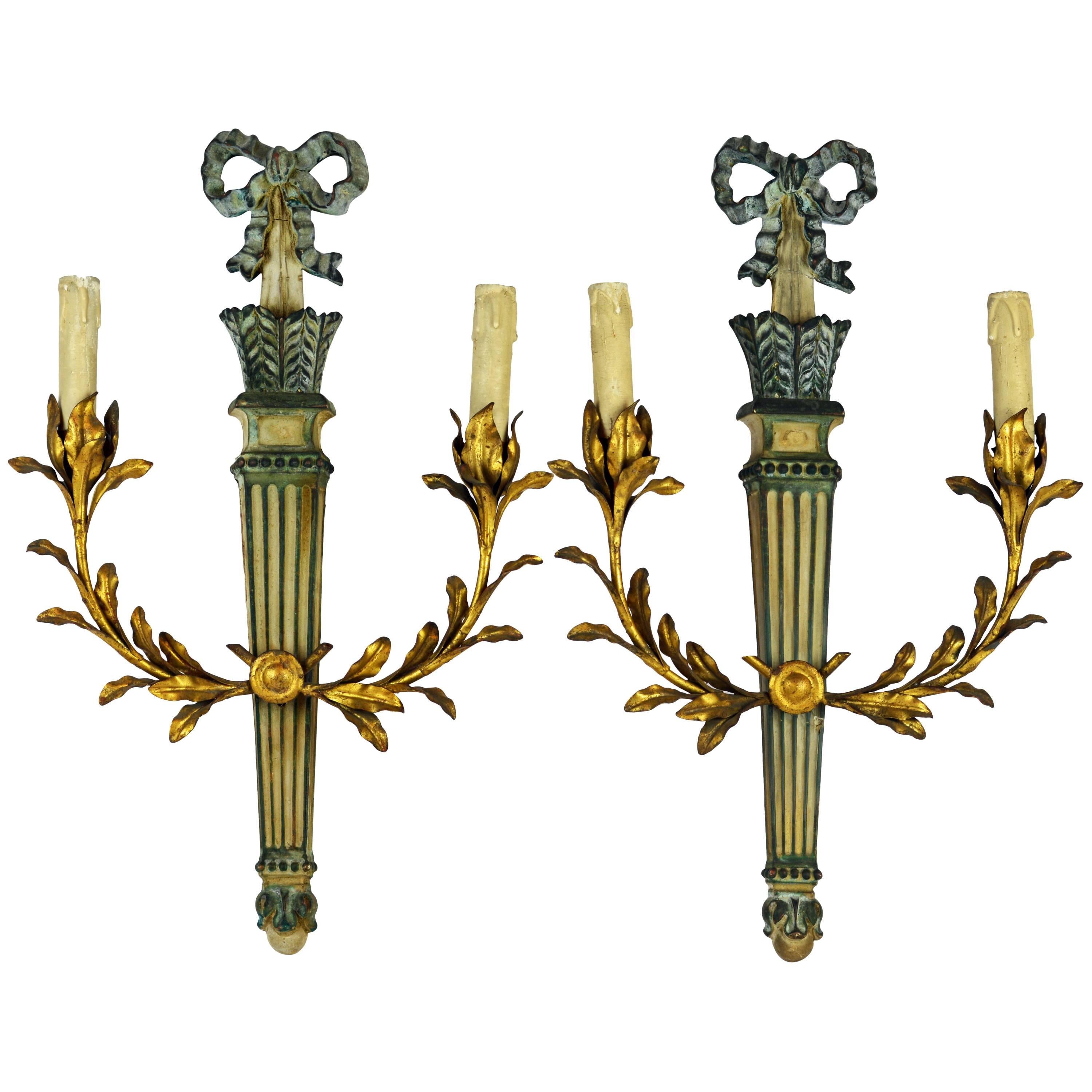 Pair of Midcentury Palladio Neoclassical Style Wood and Gilt Metal Wall Sconces
