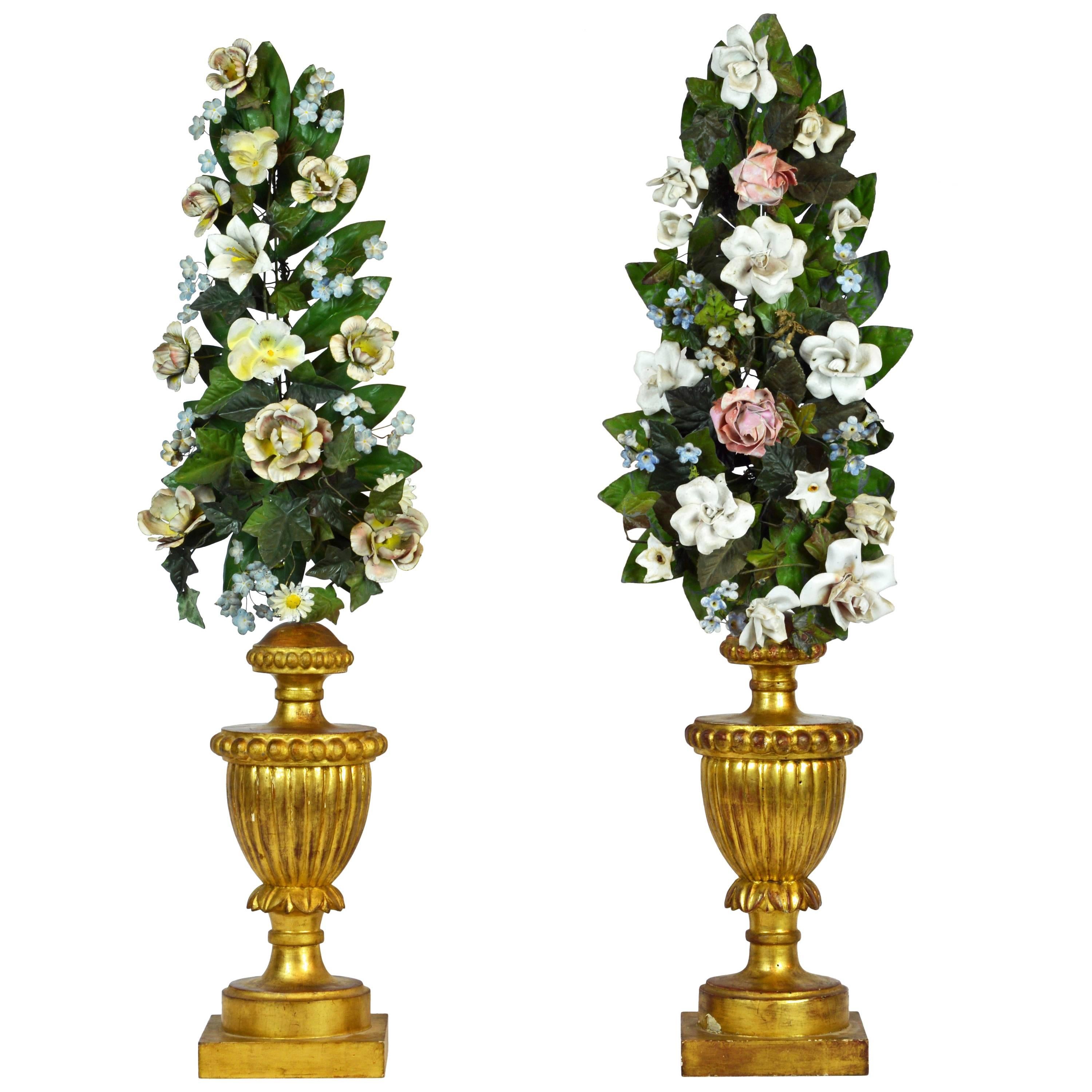 Pair of  Italian Altar Gilt Wood Urns with Painted Tole Flower Bouquets