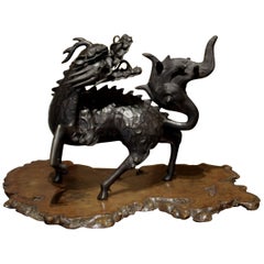 Figure of Large Standing Kirin Incensor Japan Meiji Bronze Animal Sculpture