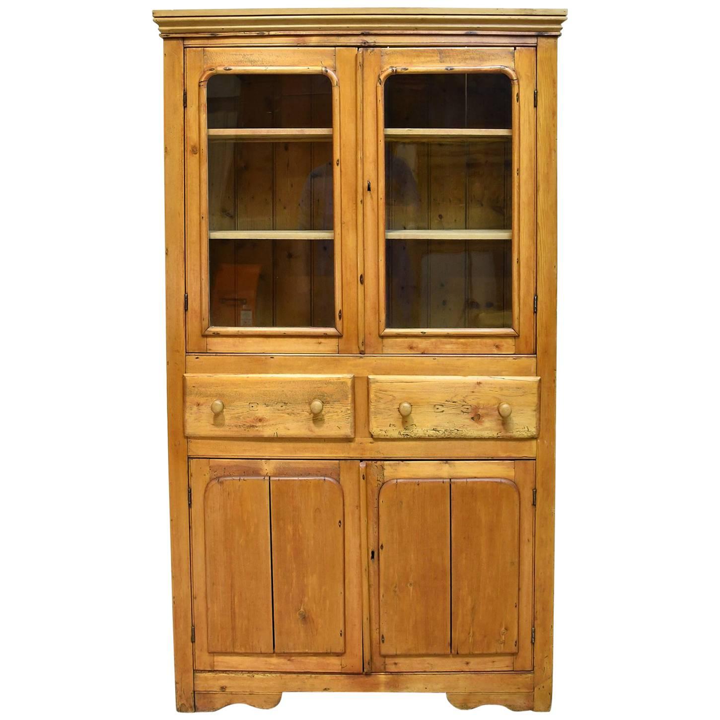 19th Century English or Scottish Shallow Cupboard in Pine w/ Glass Doors