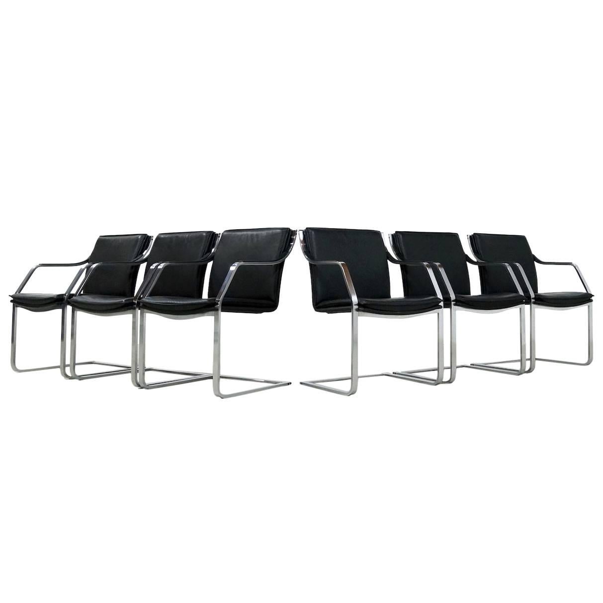 Set of 4 Black Leather Armchairs Design Walter Knoll