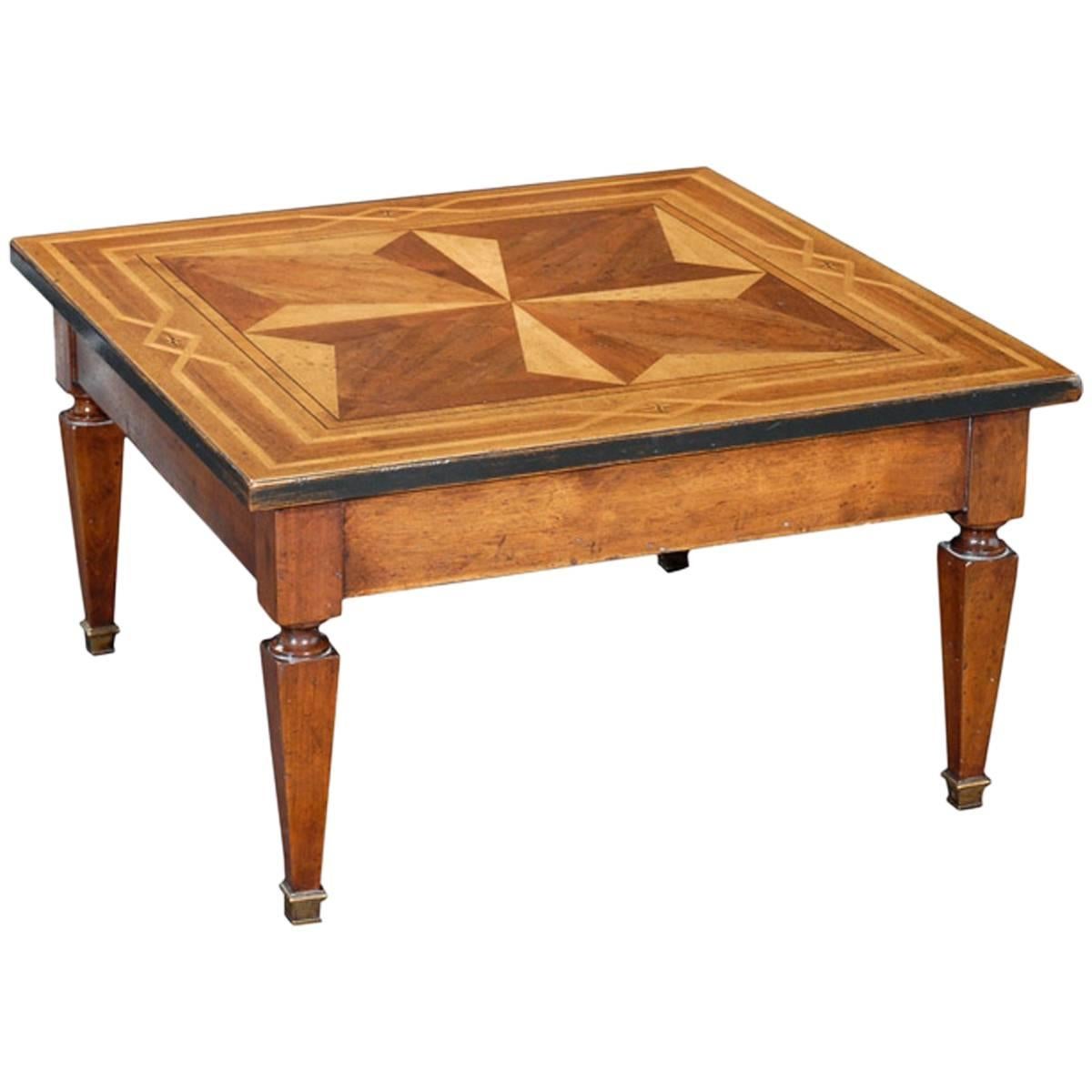 Square Coffee Table with Geometric Inlay and Turned Legs For Sale