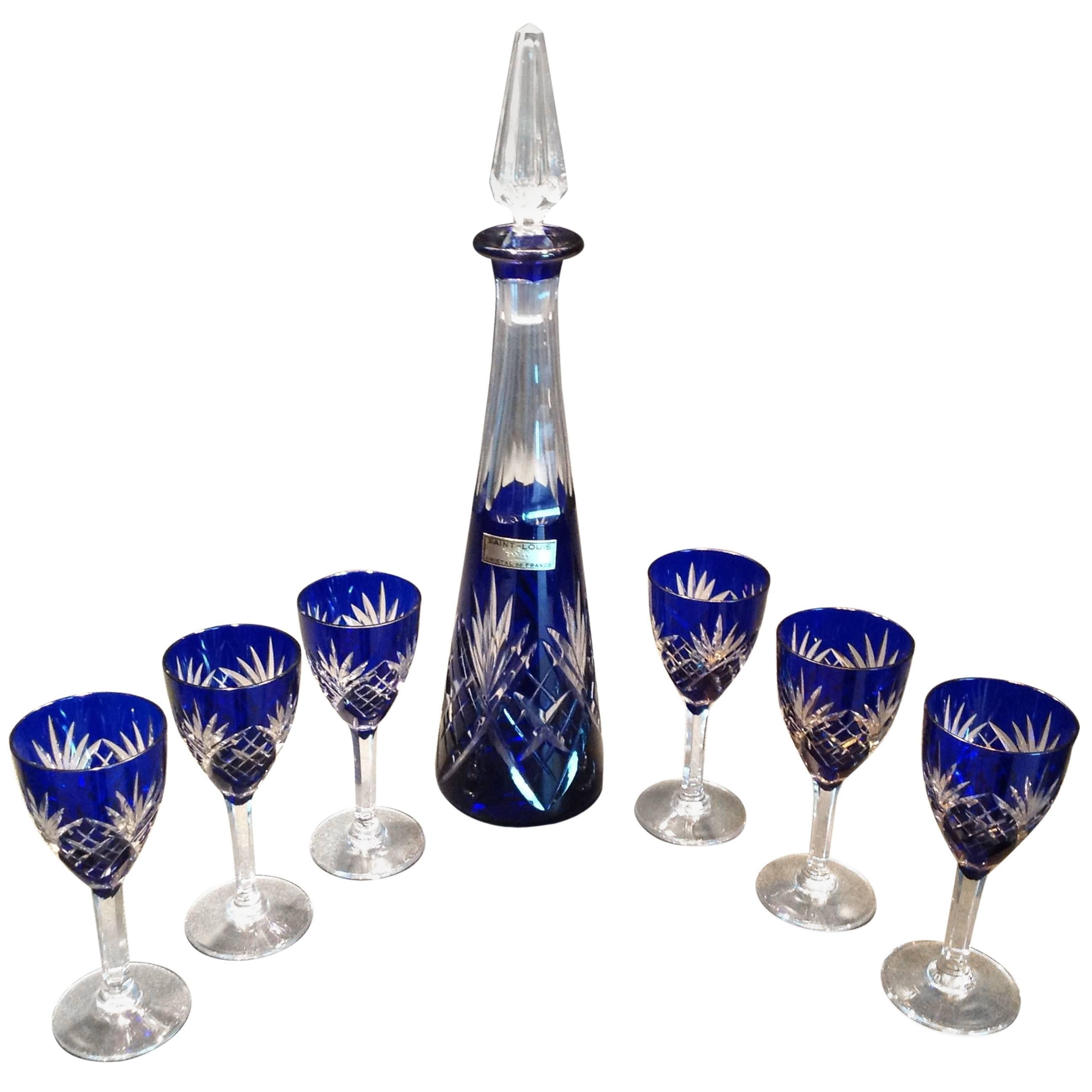 St. Louis Cristallerie Vintage Cobalt Blue Crystal Sherry Set Chantilly Pattern For Sale