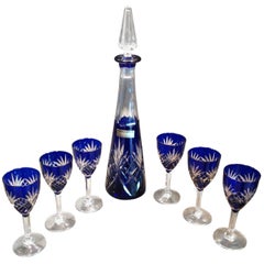 St. Louis Cristallerie Vintage Cobalt Blue Crystal Sherry Set Chantilly Pattern