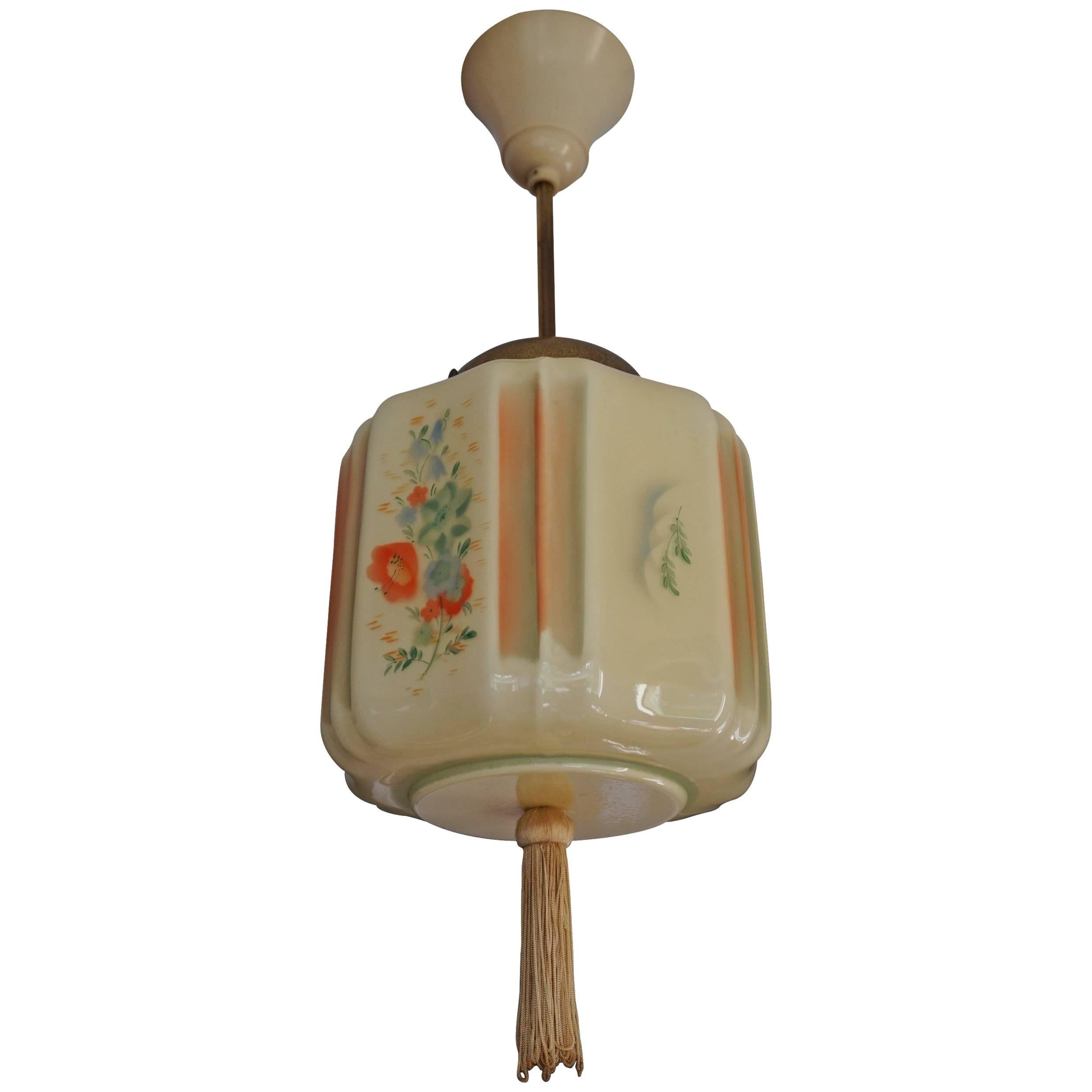Art Deco Asian Style Glass Pendant with Tassel and Hand-Painted Flower Decor