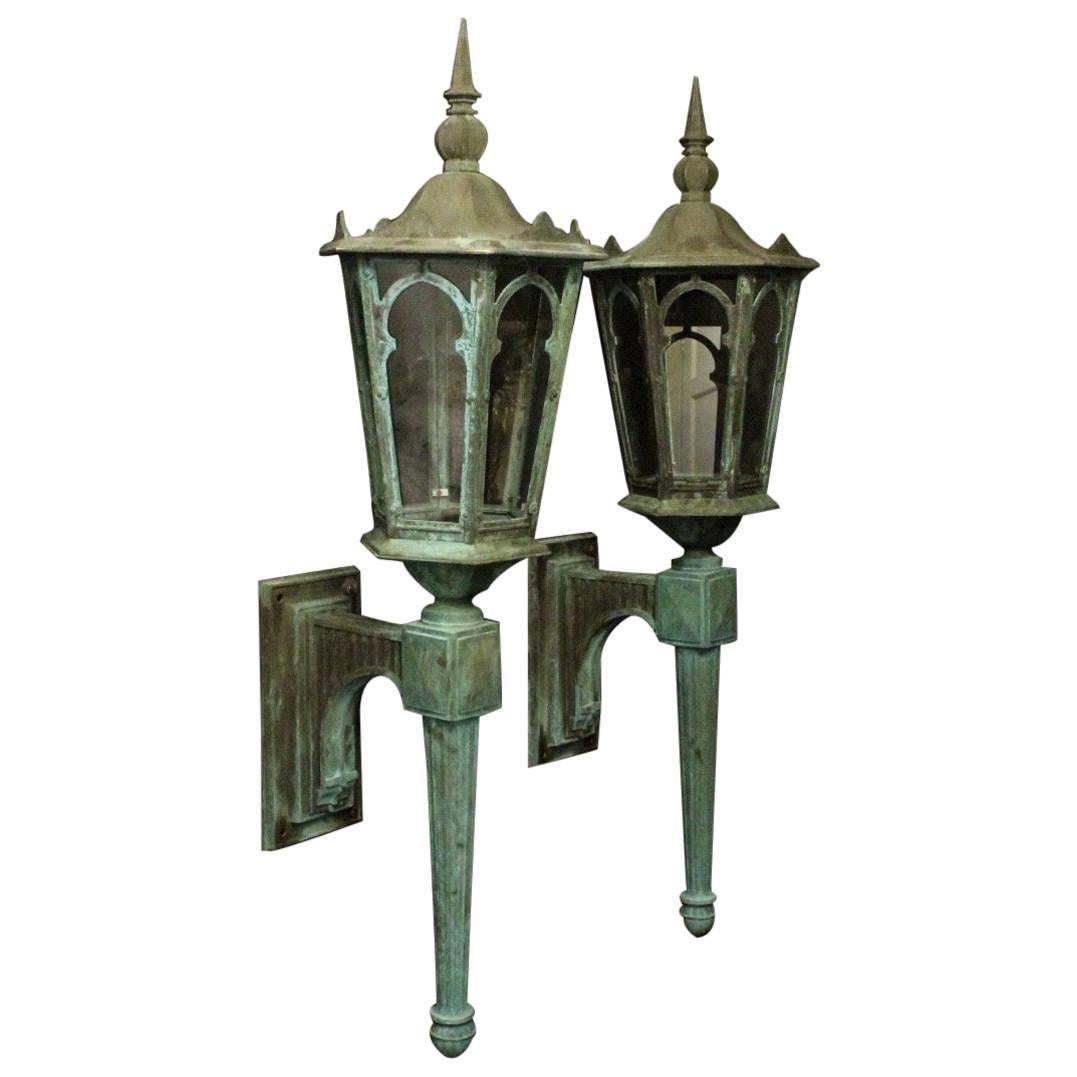 English 19th Century Pair of Large Bronze External Antique Wall Lanterns For Sale