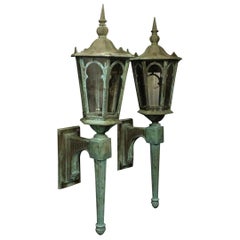 English 19th Century Pair of Large Bronze External Antique Wall Lanterns