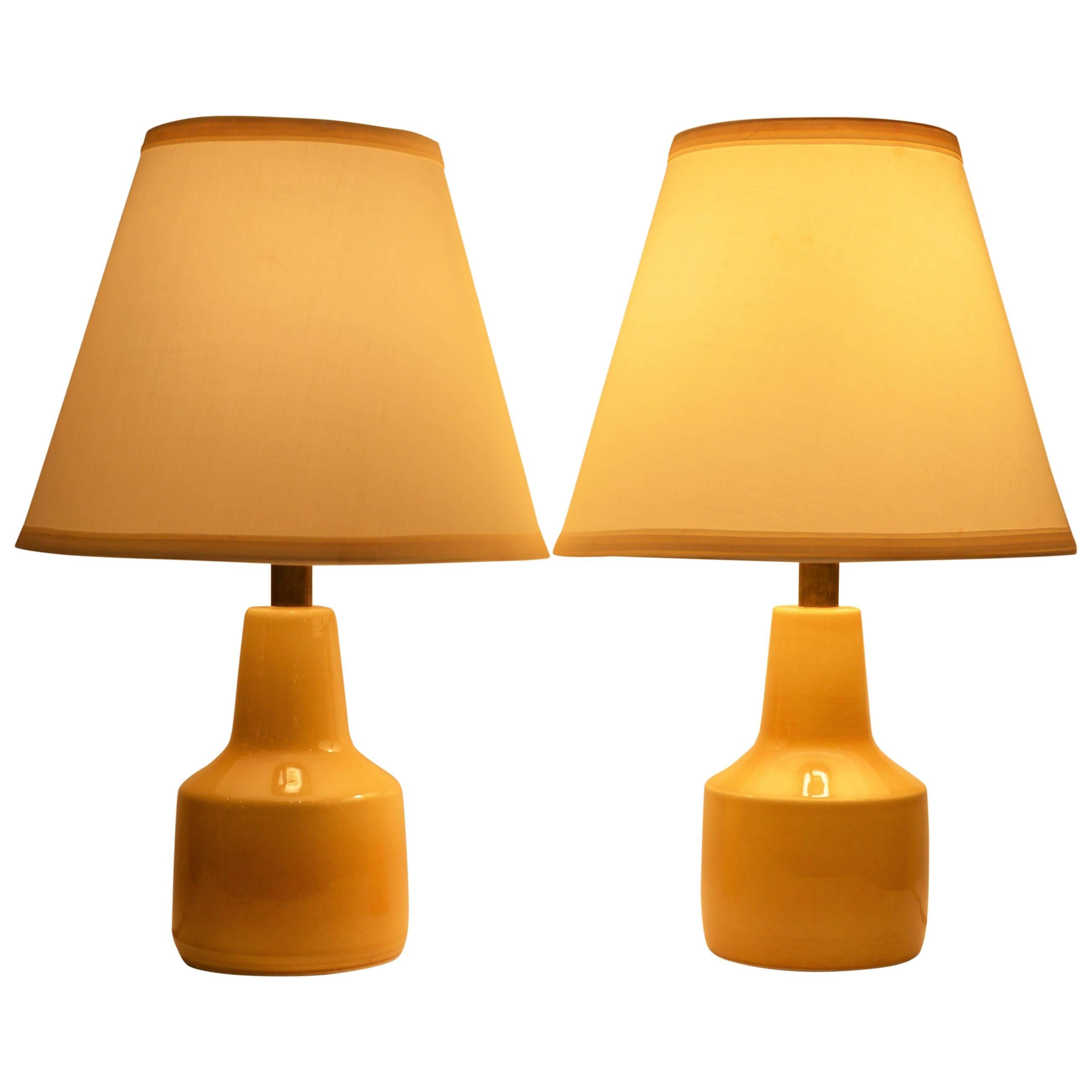 Pair of Small Soft Yellow Lotte and Gunnar Bostlund Ceramic Bedside Lamps