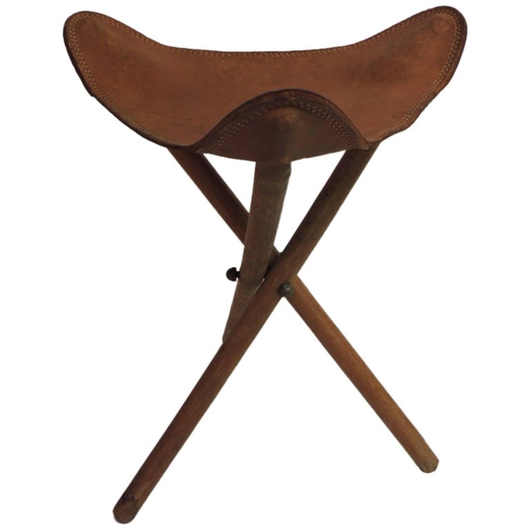 Vintage Mexican Tripod Leather and Wood Folding Stool at 1stDibs