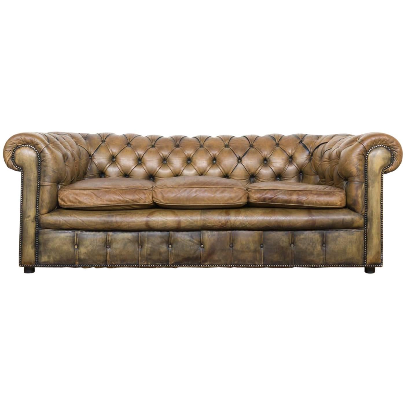 Vintage 1950s-1960s Chesterfield Sofa in Hand Dyed Tan Olive Green Leather