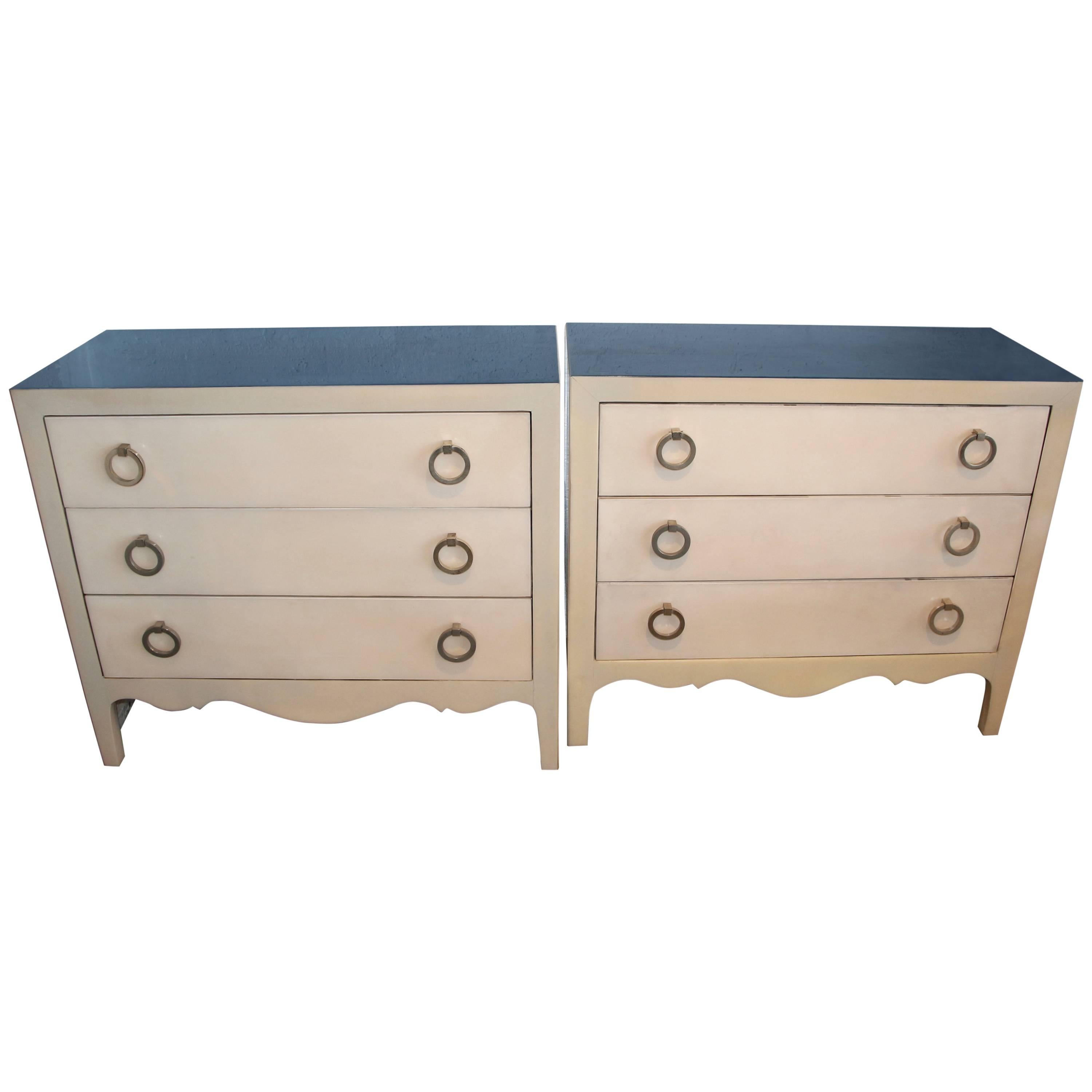 Pair of Goat Skin Parchment Covered Three-Drawer Stands