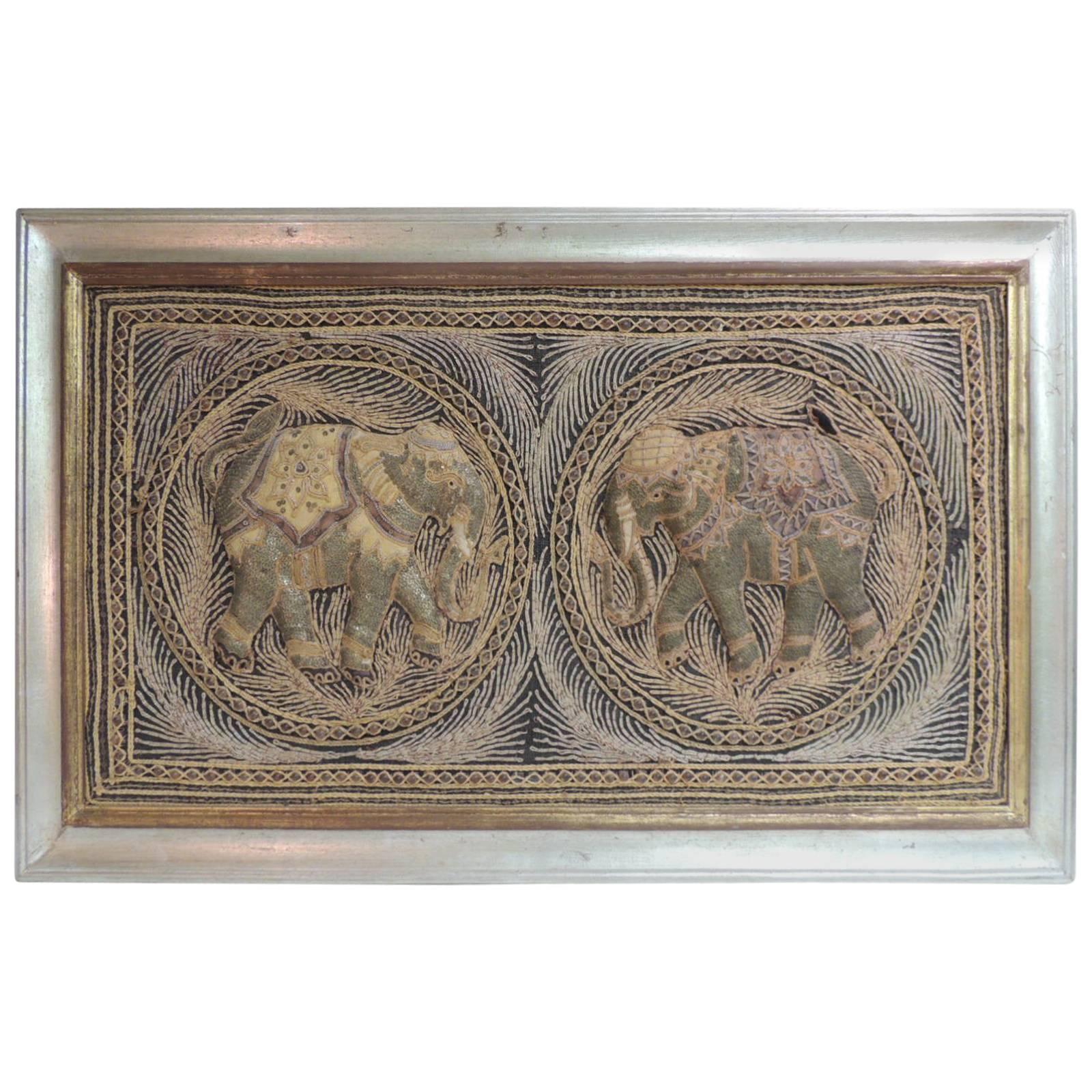 Vintage Framed Indian Elephants Embroidery Wall Tapestry at 1stDibs ...