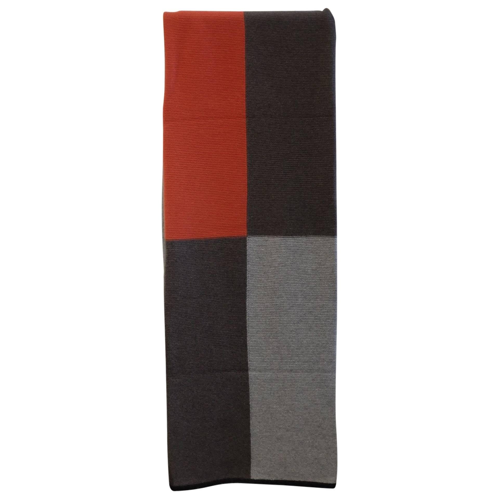 Hopscotch Purl Knit Grey and Rust Orange Cashmere Throw For Sale