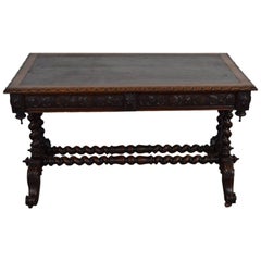 French 1900s Carved Oak Barley Twist Library Table
