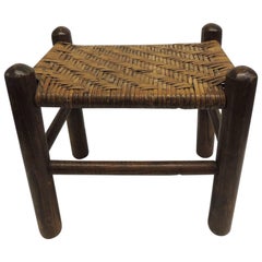 Vintage Country Wood and Rattan Woven Seat with Four Legs Adirondack Style