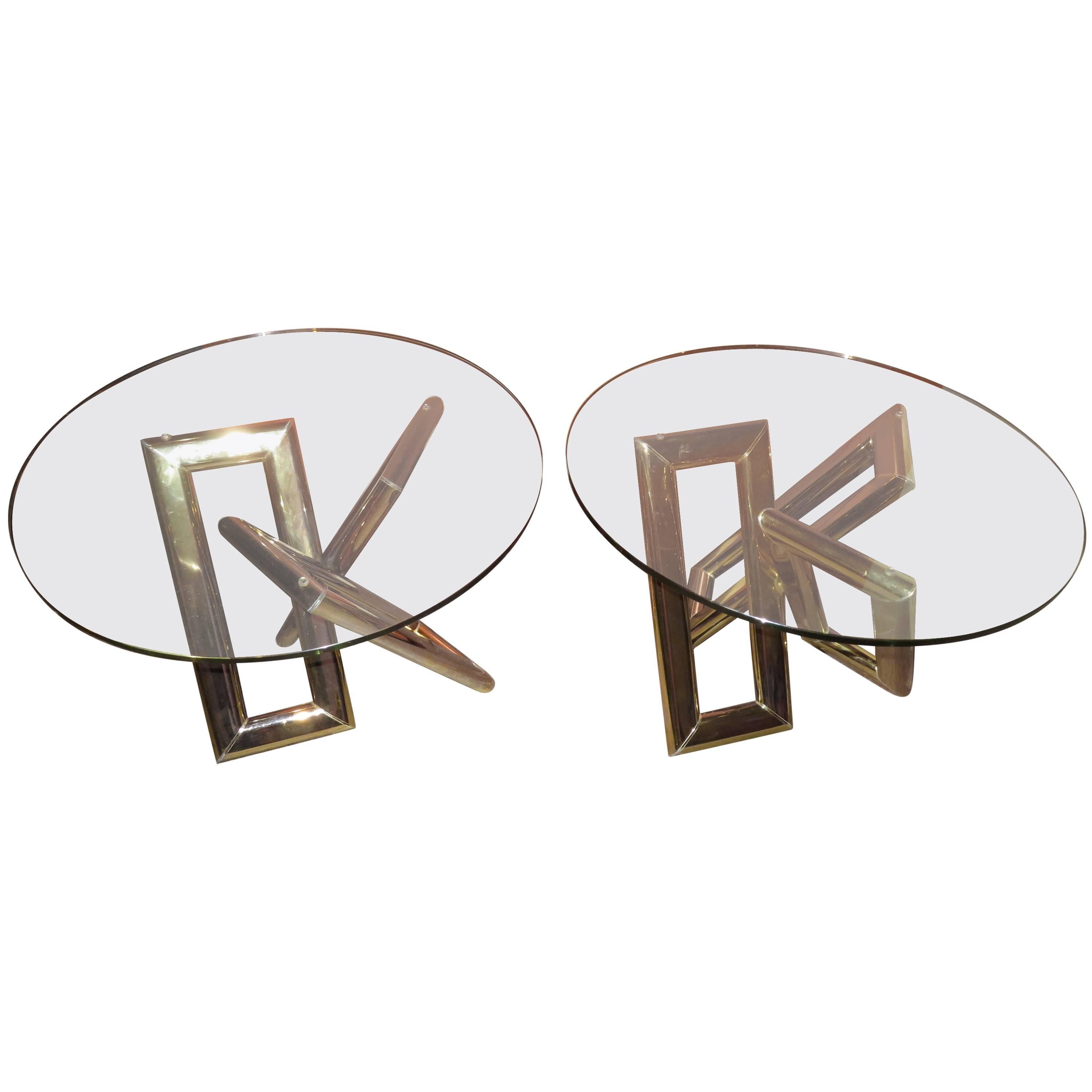 Interesting Pair 1970s Brass Geometric Modern Side Table Mid-Century Modern For Sale