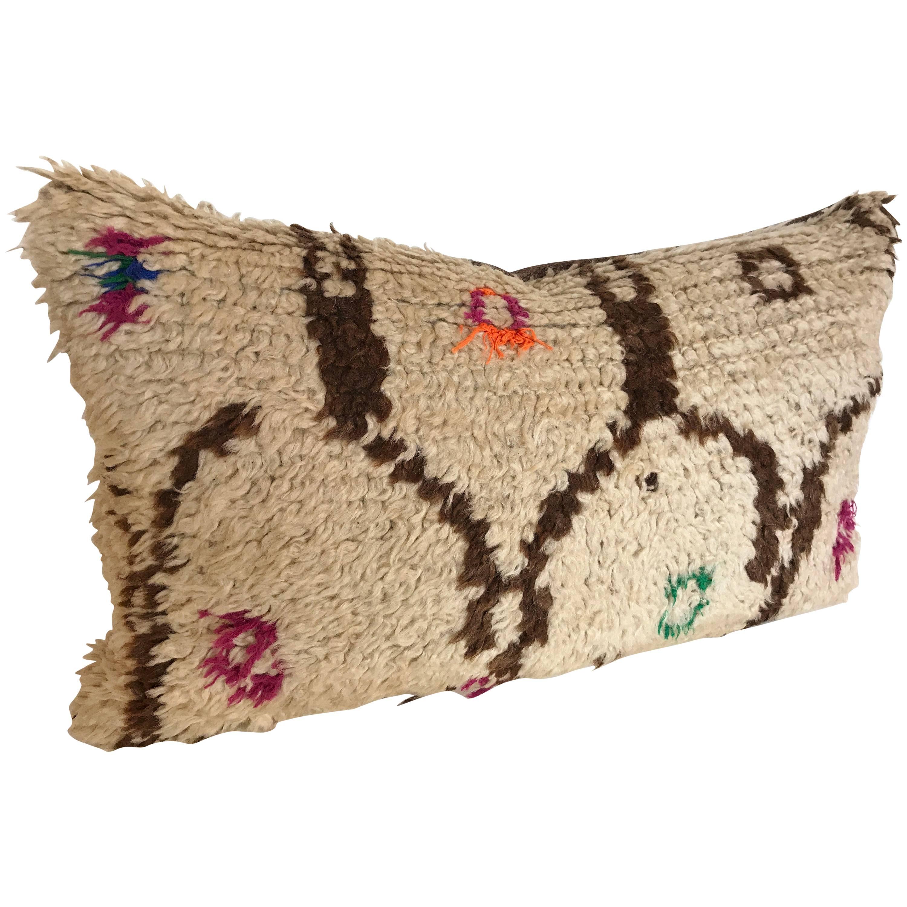 Custom Pillow cut from a Vintage Moroccan Hand Loomed Wool Azilal Berber Rug For Sale