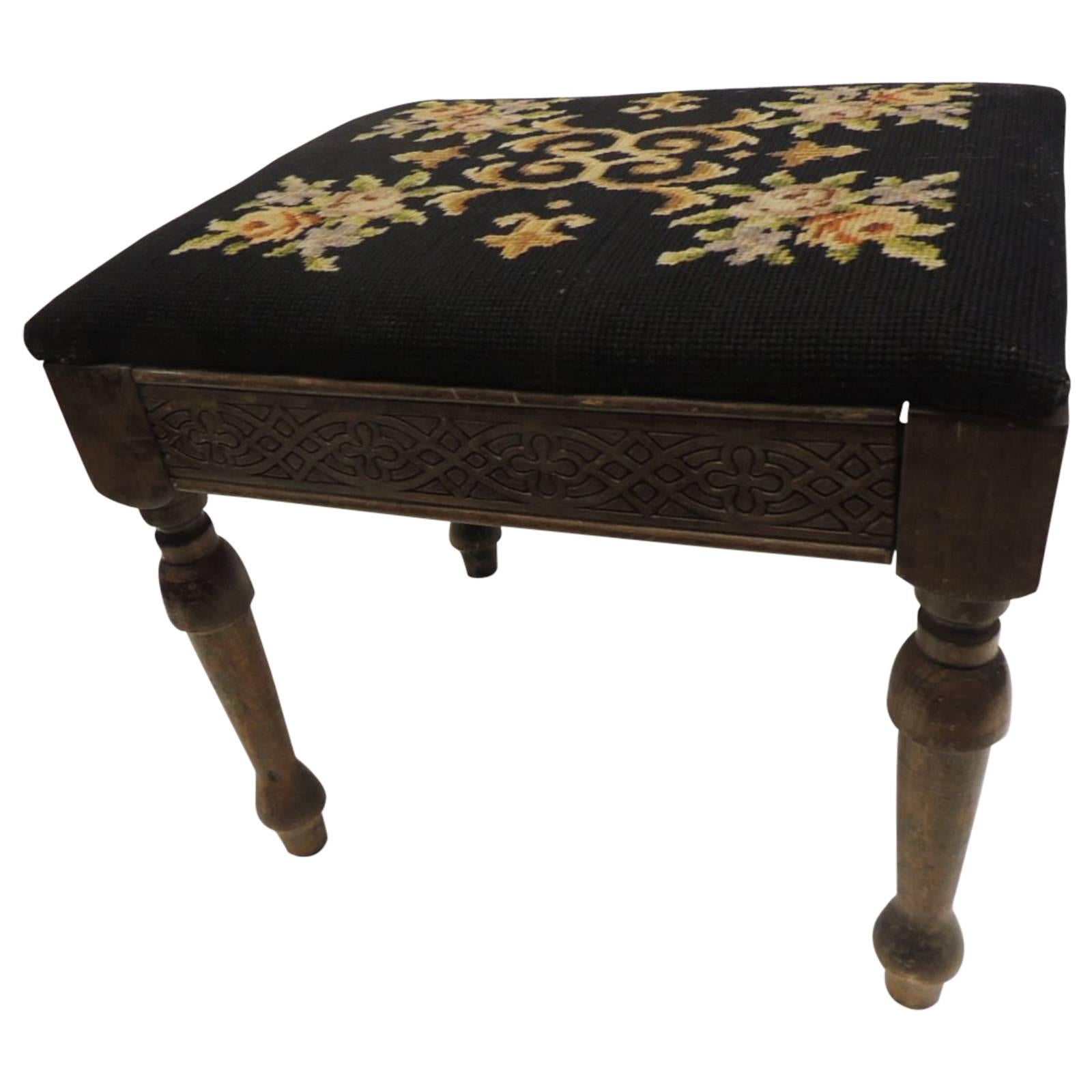 Vintage Gothic Style Footstool Reupholstered with Floral Tapestry Louis XVI Styl