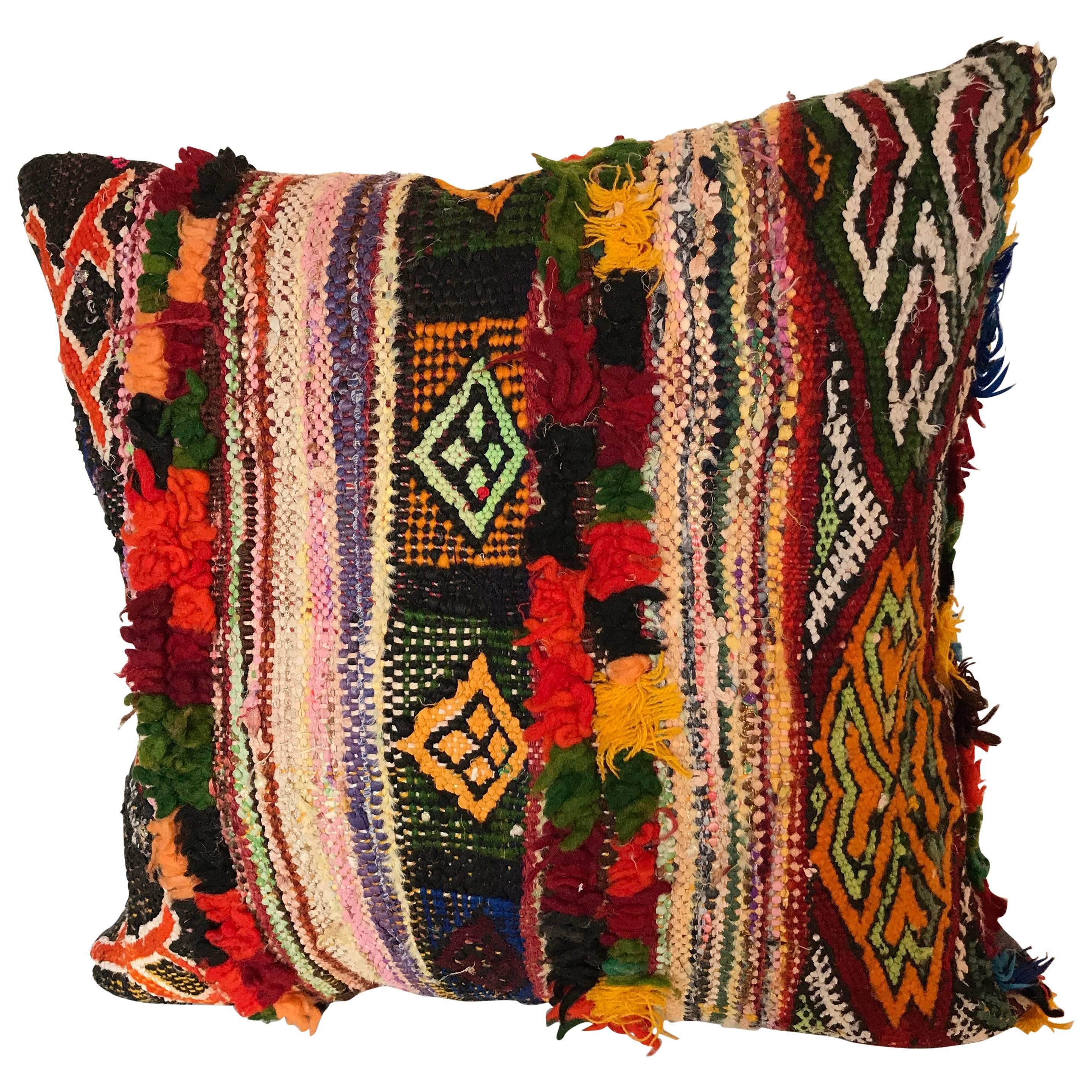 Custom Moroccan Pillow cut from a Vintage Hand Loomed Boucherouite Rug For Sale