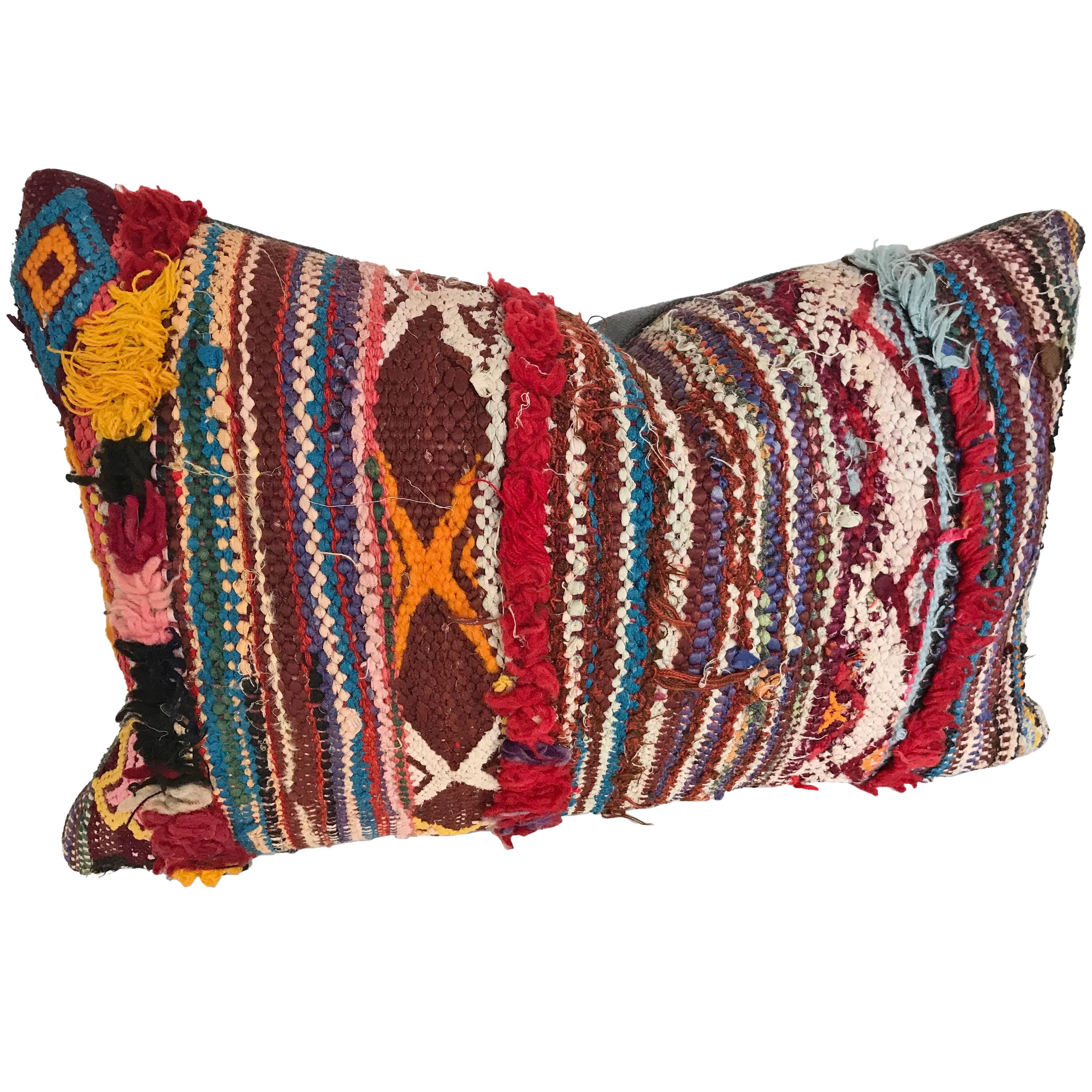 Custom Moroccan Pillow Cut from a Vintage Hand-Loomed Boucherouite Rug For Sale