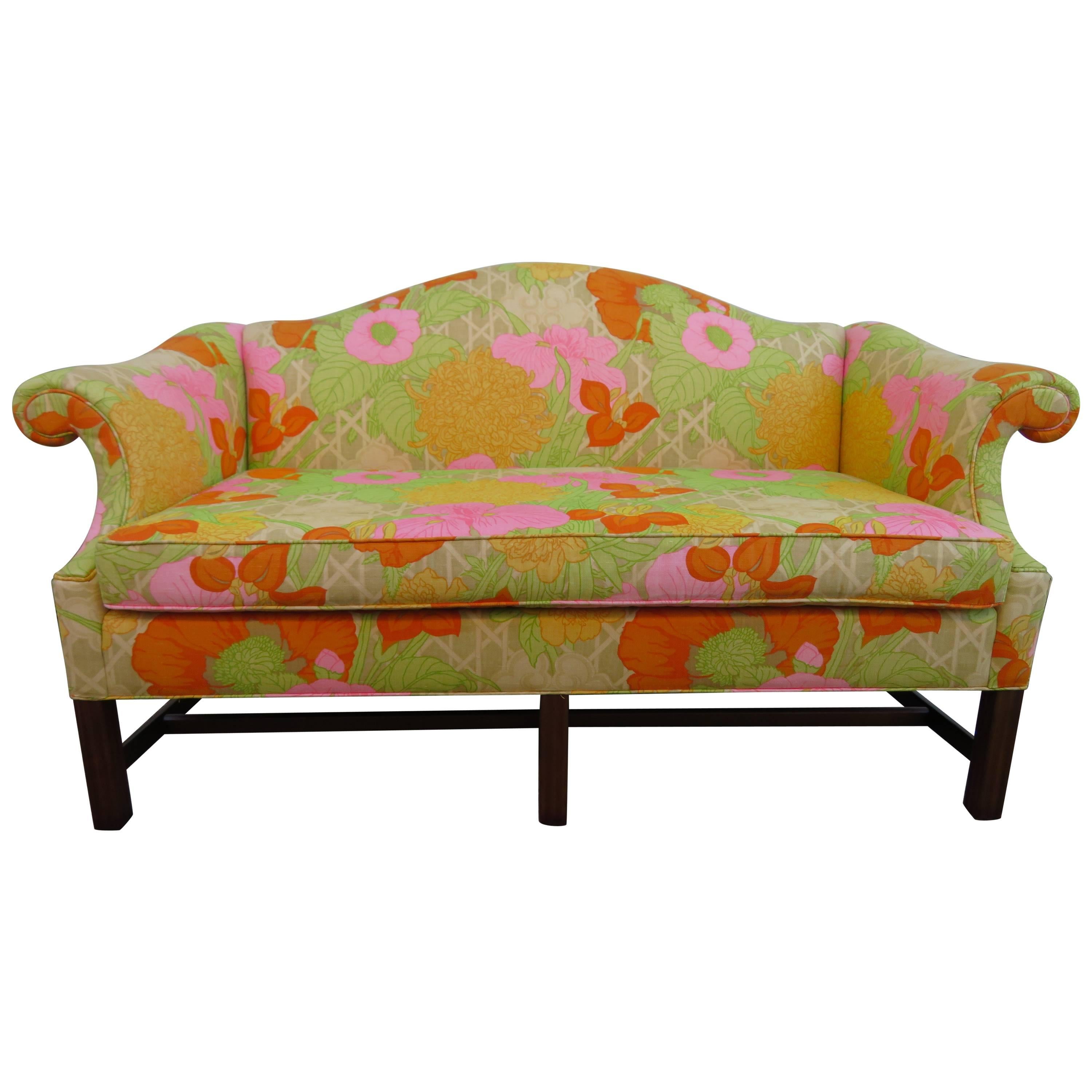 Wonderful Flowered Linen Chippendale Style Camelback Loveseat Sofa, Midcentury For Sale