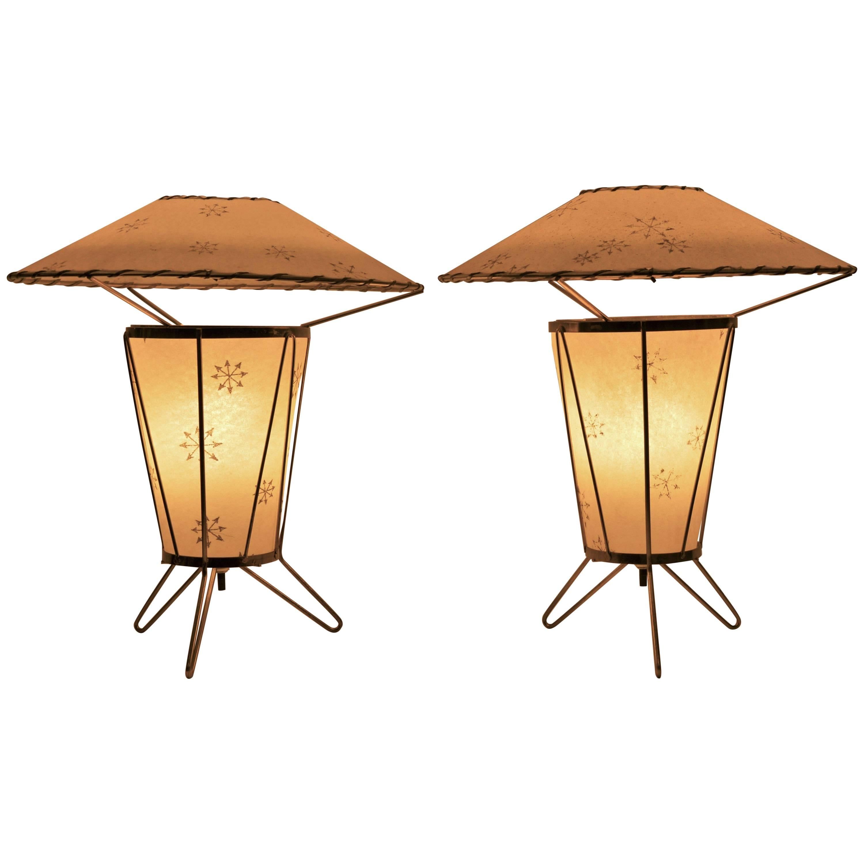 Pair 1950s Atomic Era Fiberglass and Brass Tripod Table Lamps