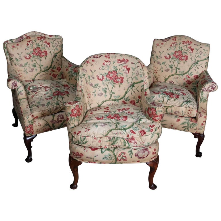 Three Queen Anne Style Floral Chintz Upholstered Armchairs, 20th