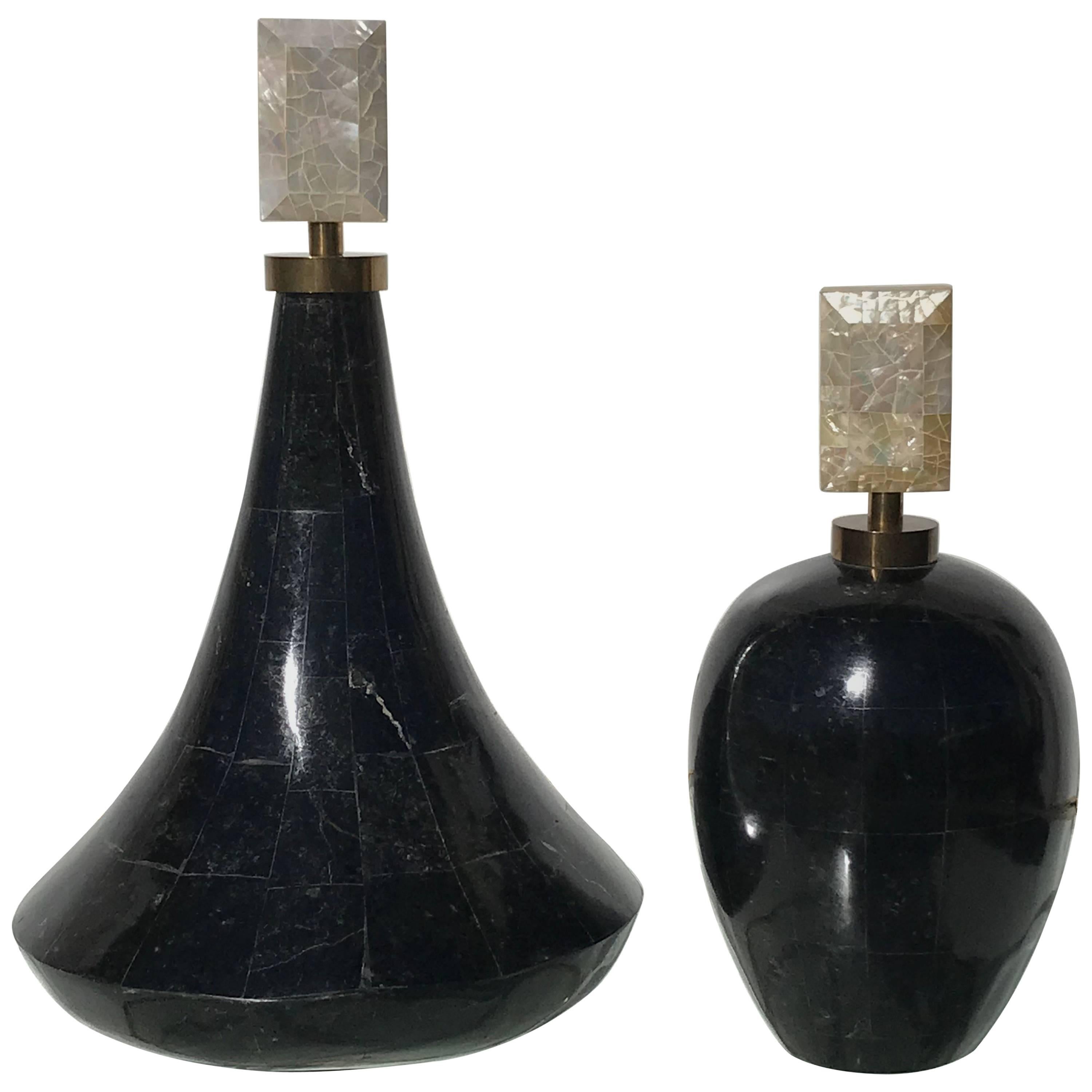 Two Tessellated Stone Decorative Perfume Bottles For Sale