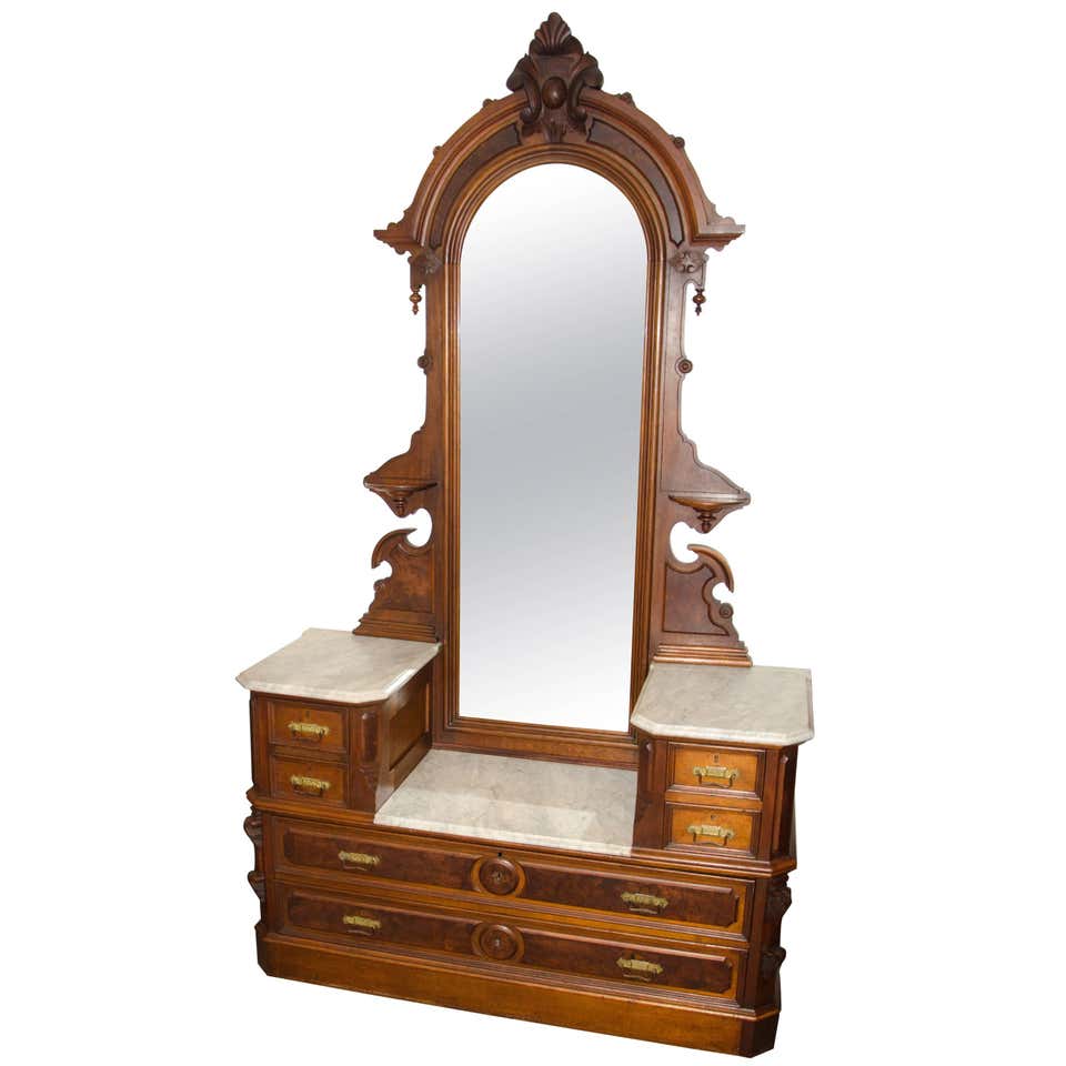 Antique Walnut American Renaissance Victorian Drop Well Dresser, Marble Tops For Sale