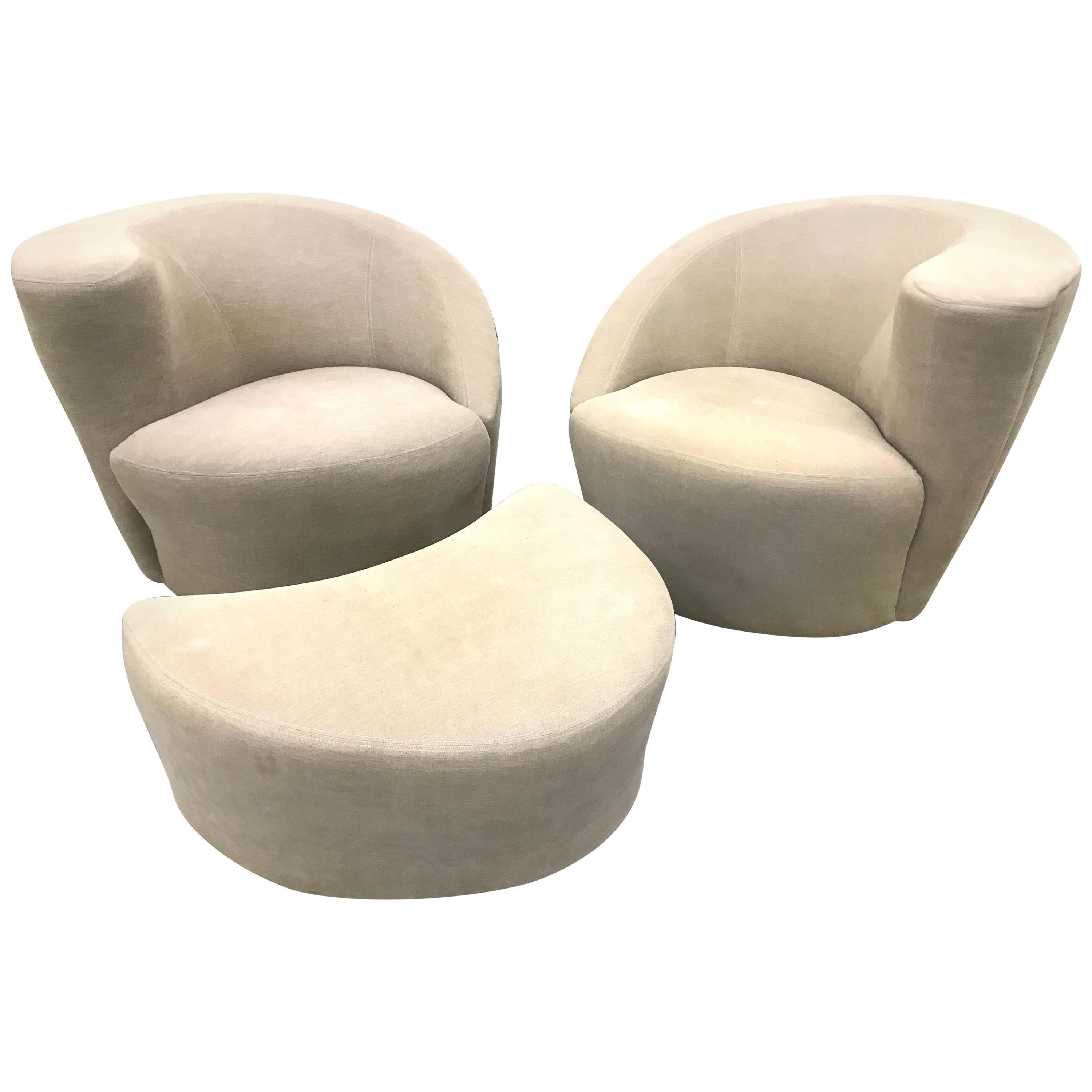Pair of Swivel Lounge Chairs and Ottoman by Vladimir Kagan For Sale