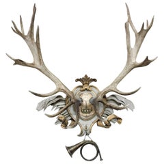 Antique Habsburg Red Stag on 18th Century Acanthus Leaf and Gilt Ribbon Plaque