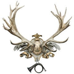 Antique Habsburg Red Stag on 18th Century Acanthus Leaf and Gilt Ribbon Plaque