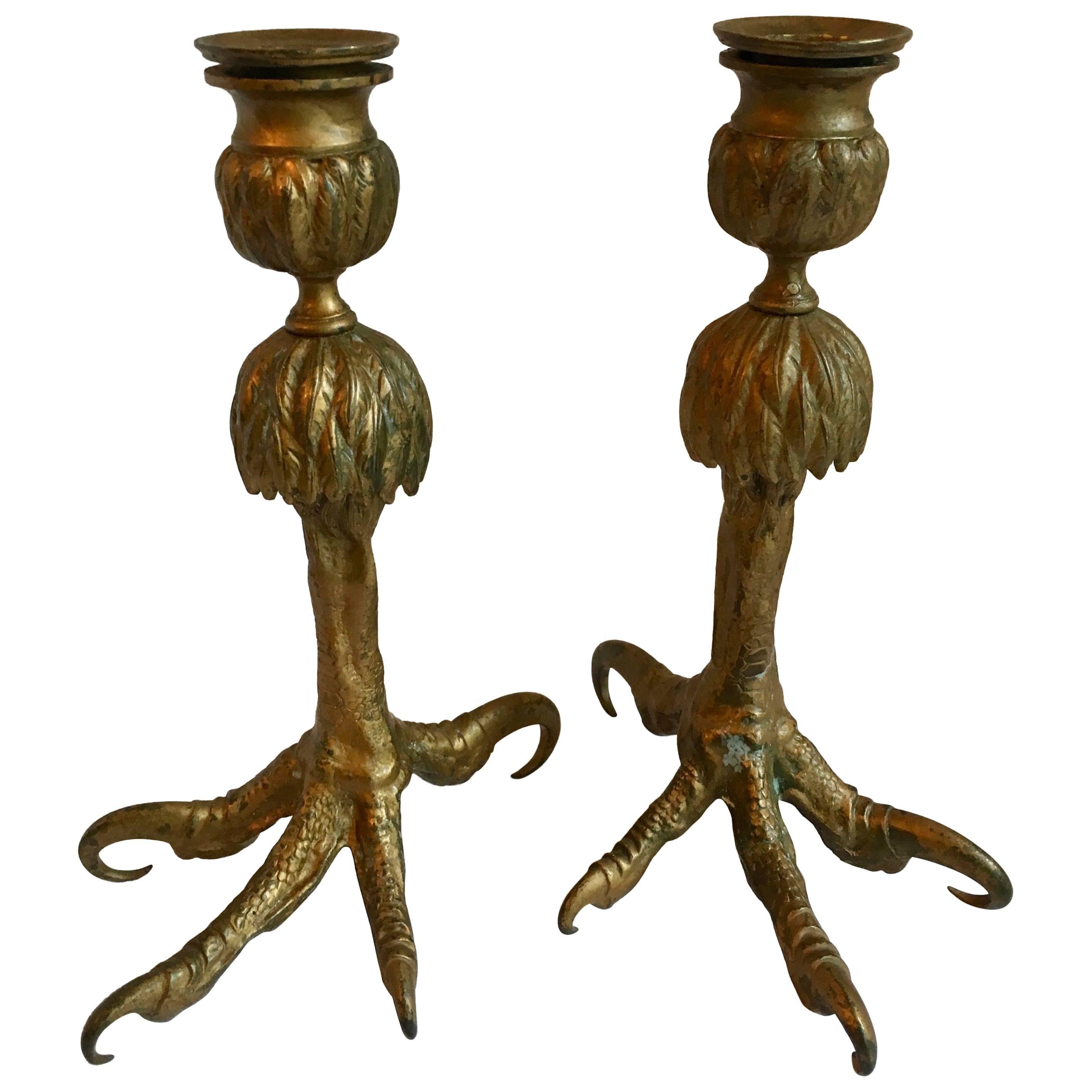 Pair Gold Talon Foot Candle Holders For Sale