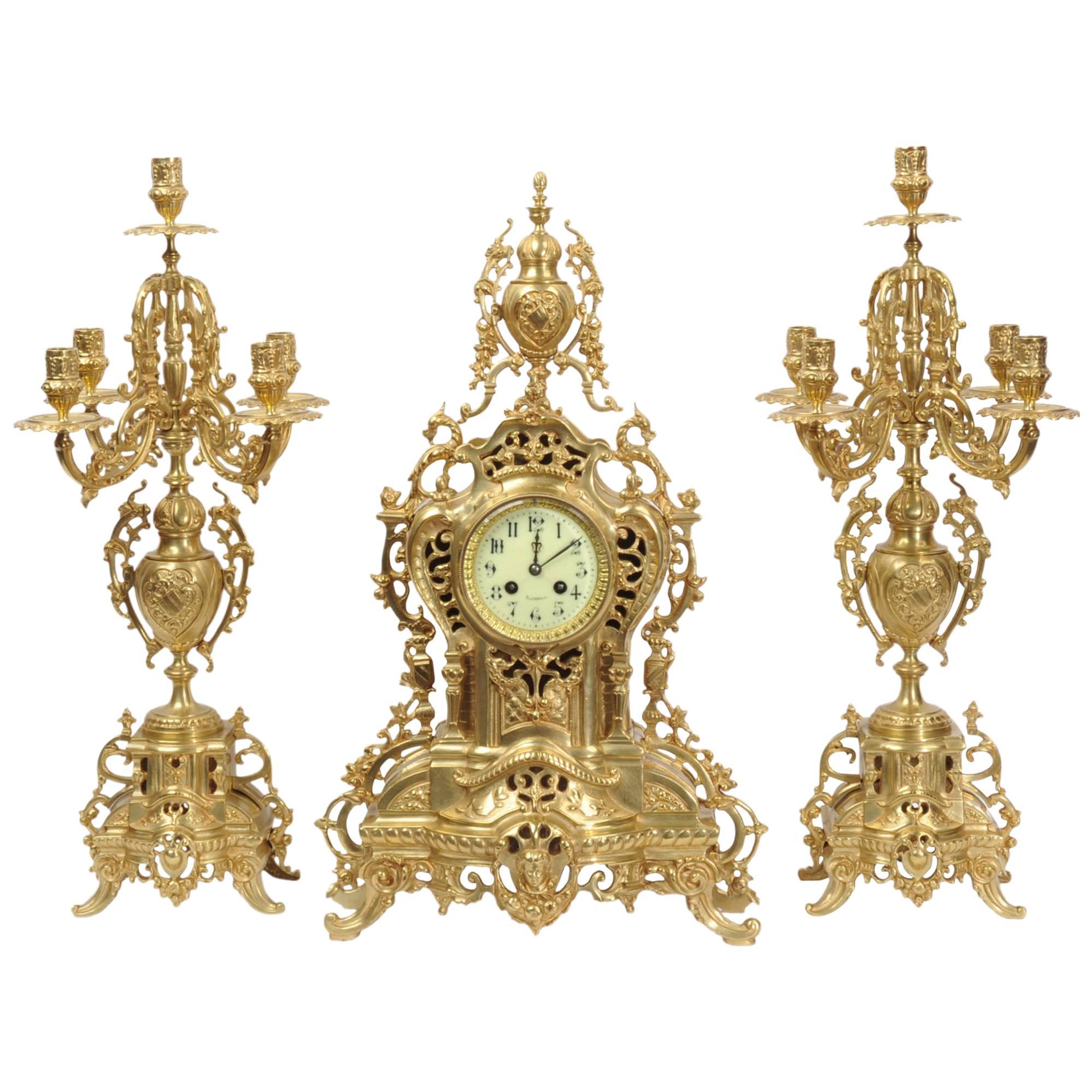 Large Antique French Gilt Bronze Clock Set by Louis Japy