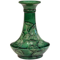 Antique Awaji Pottery Japanese Green Monochrome Bottle Vase Incised Bell Flowers
