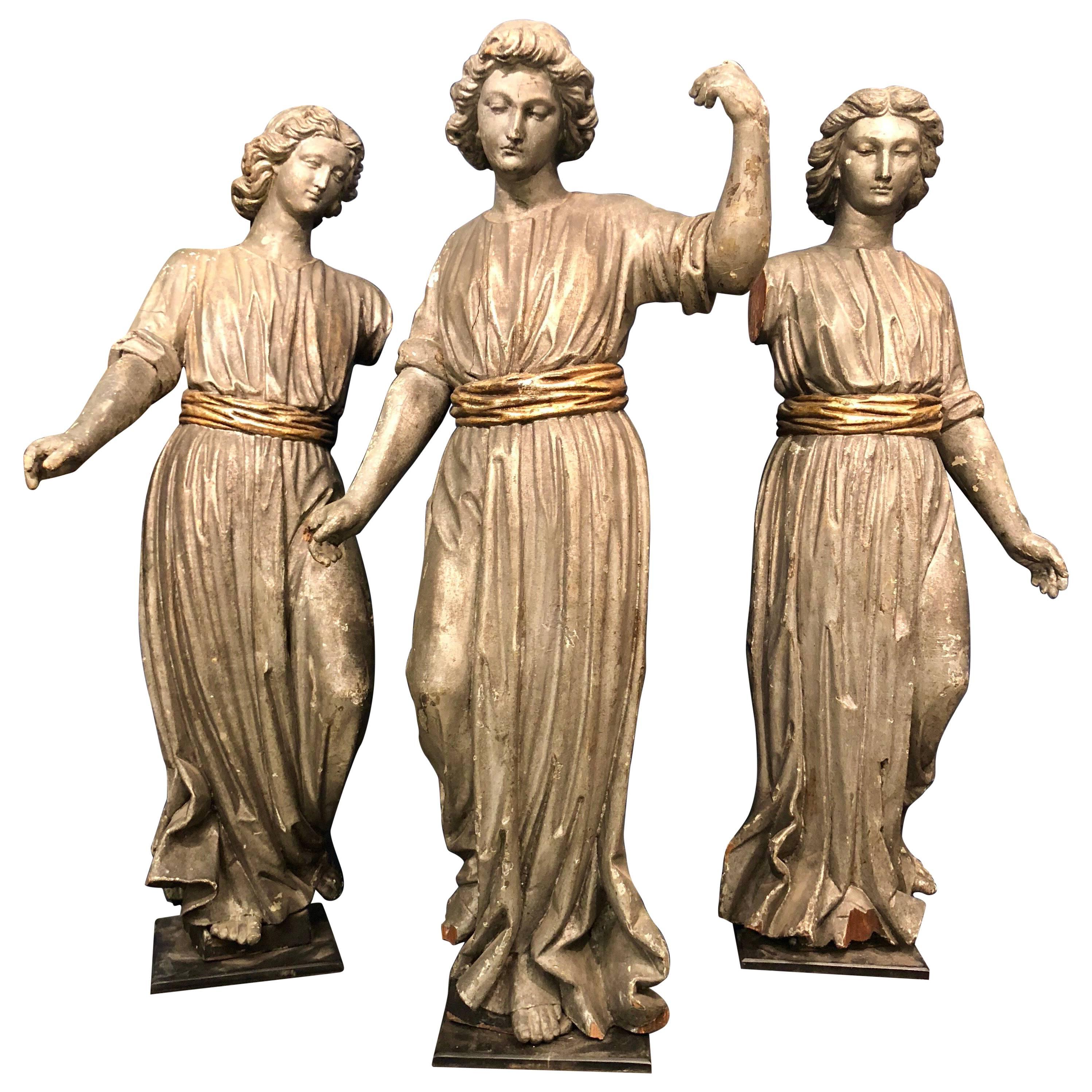 Rare Set of Three Carved and Painted Muses Early 19th Century 