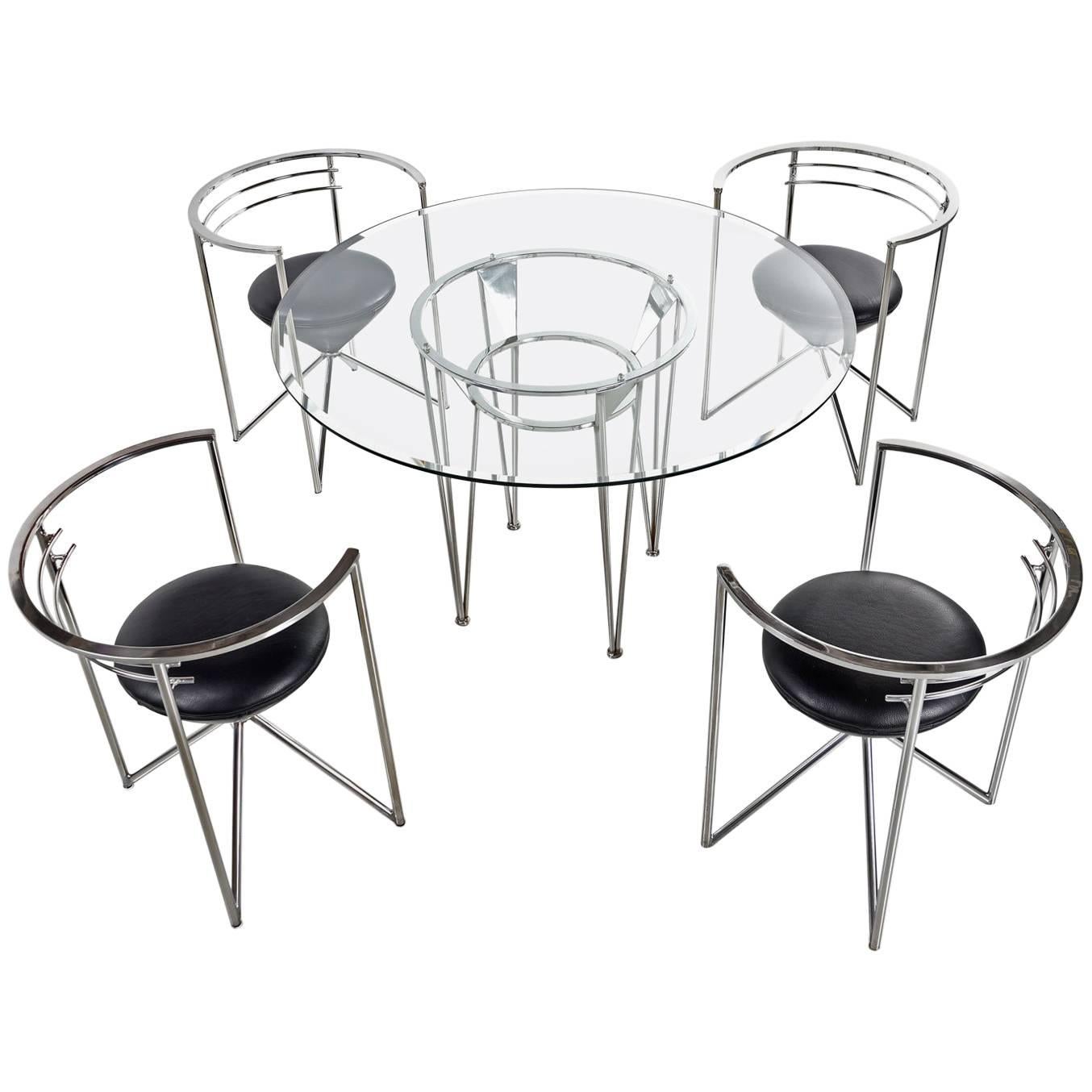 1980s Chrome and Glass Art Deco Modern Dining Set by Minson of CA, New Leather