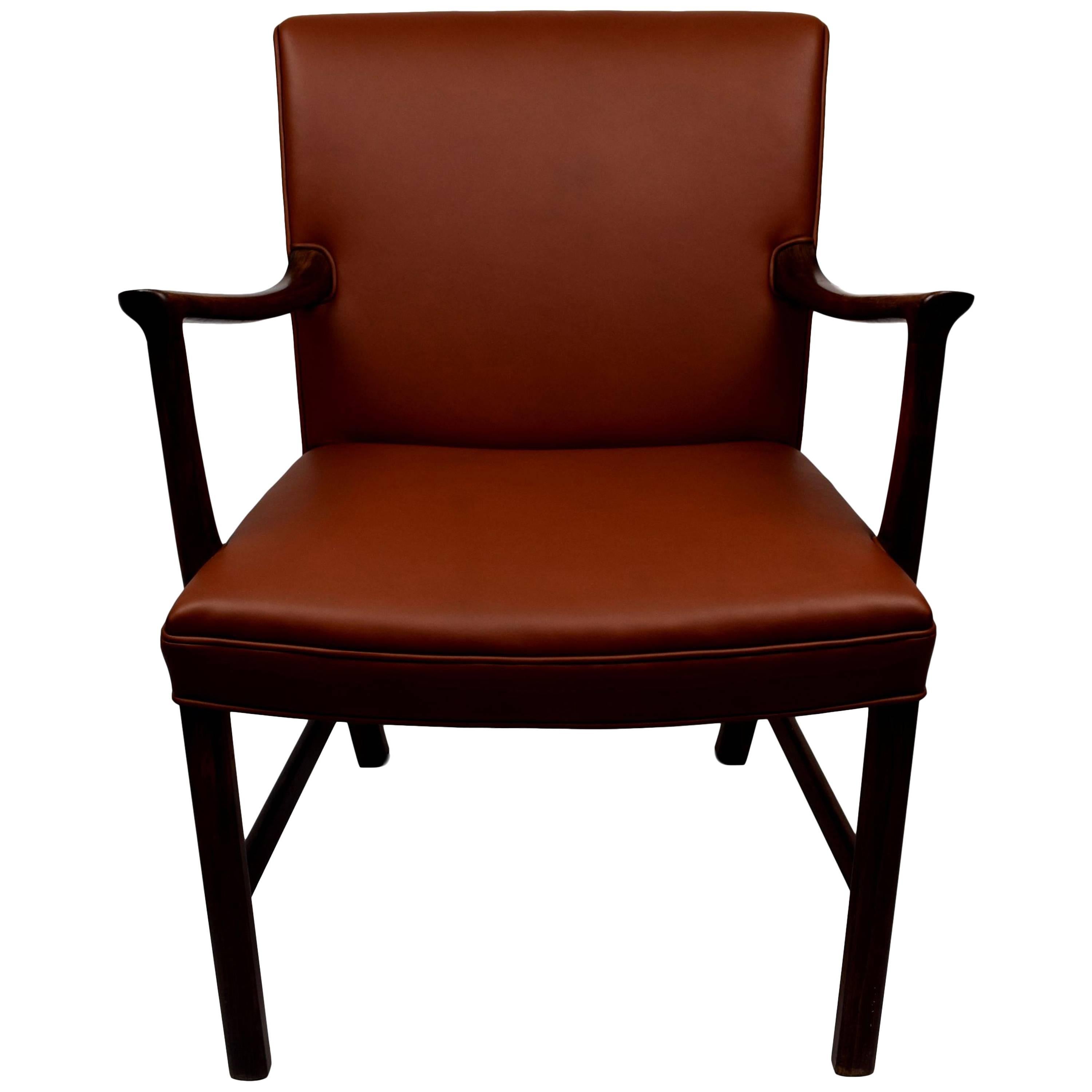 Midcentury Rosewood Armchair by Ole Wanscher, Upholstered with Aniline Leather For Sale