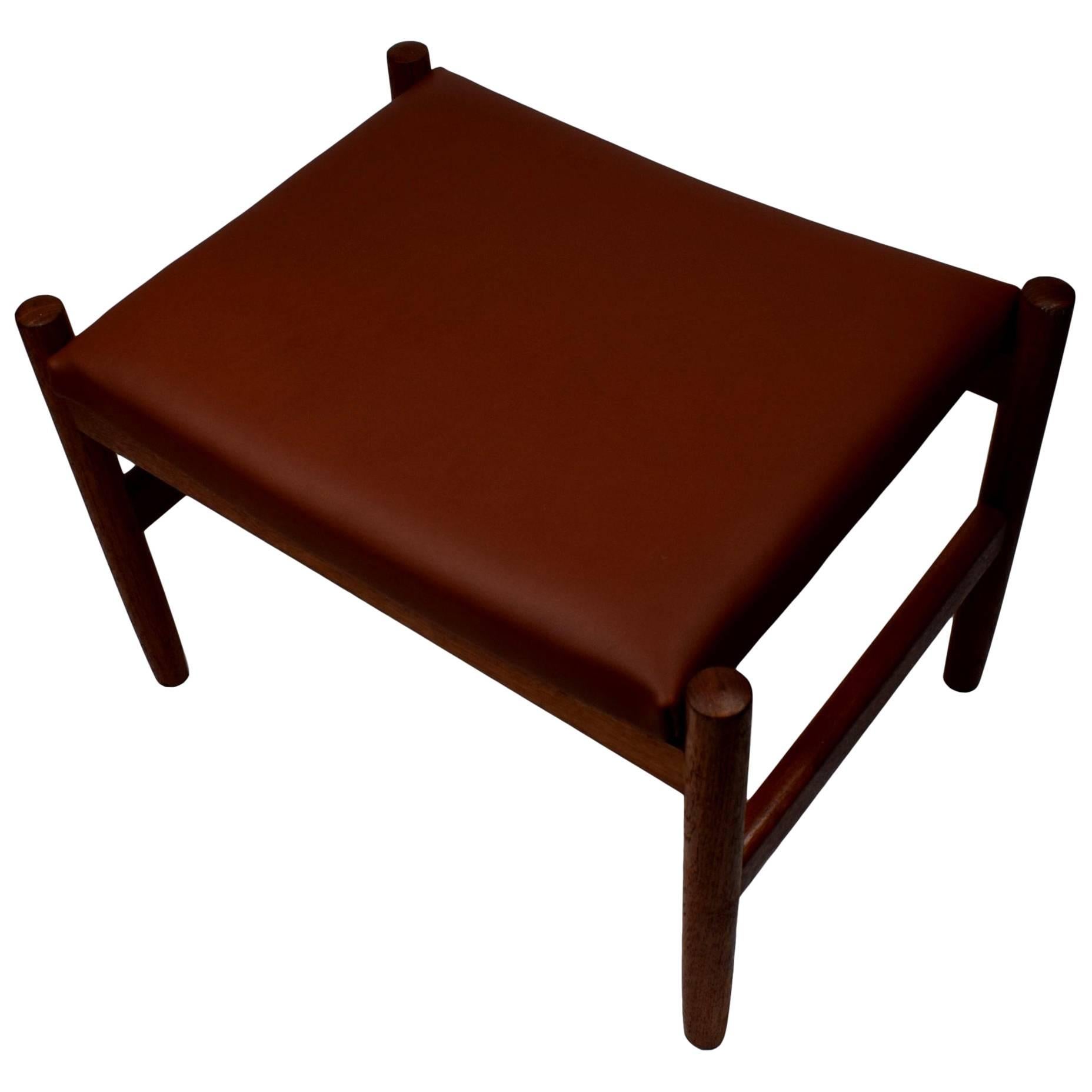 Danish Midcentury Teak Ottoman by Spøttrup, Brown Aniline Leather, Stamped For Sale