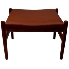 Danish Midcentury Teak Ottoman by Spøttrup, Brown Aniline Leather, Stamped