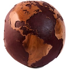 Volcano Wooden Globe from Teak Root with Red Vitrail and Textured Finishing 30cm